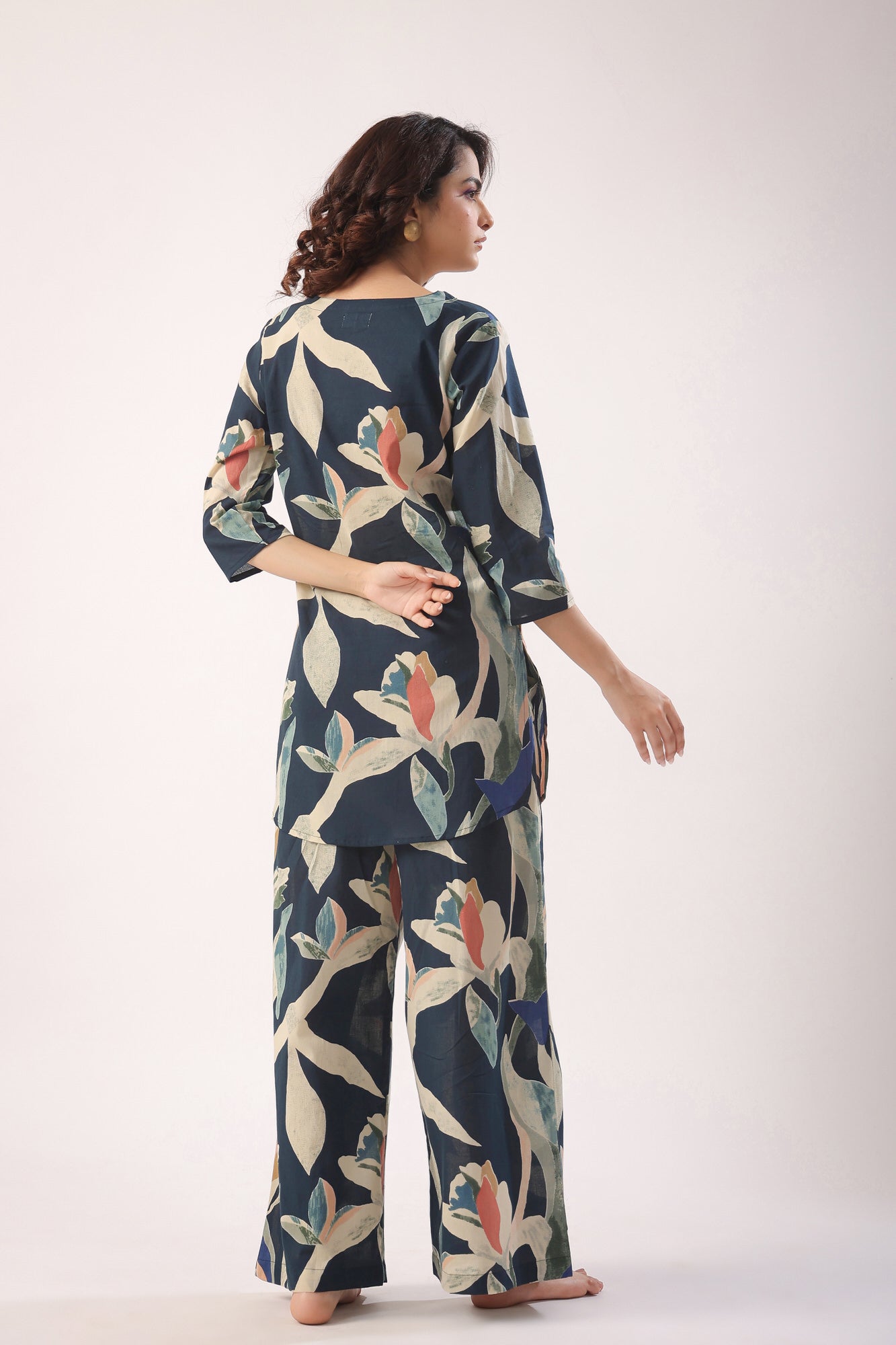 Abstract Strokes On Indigo Blue Cotton Palazzo Loungewear Set