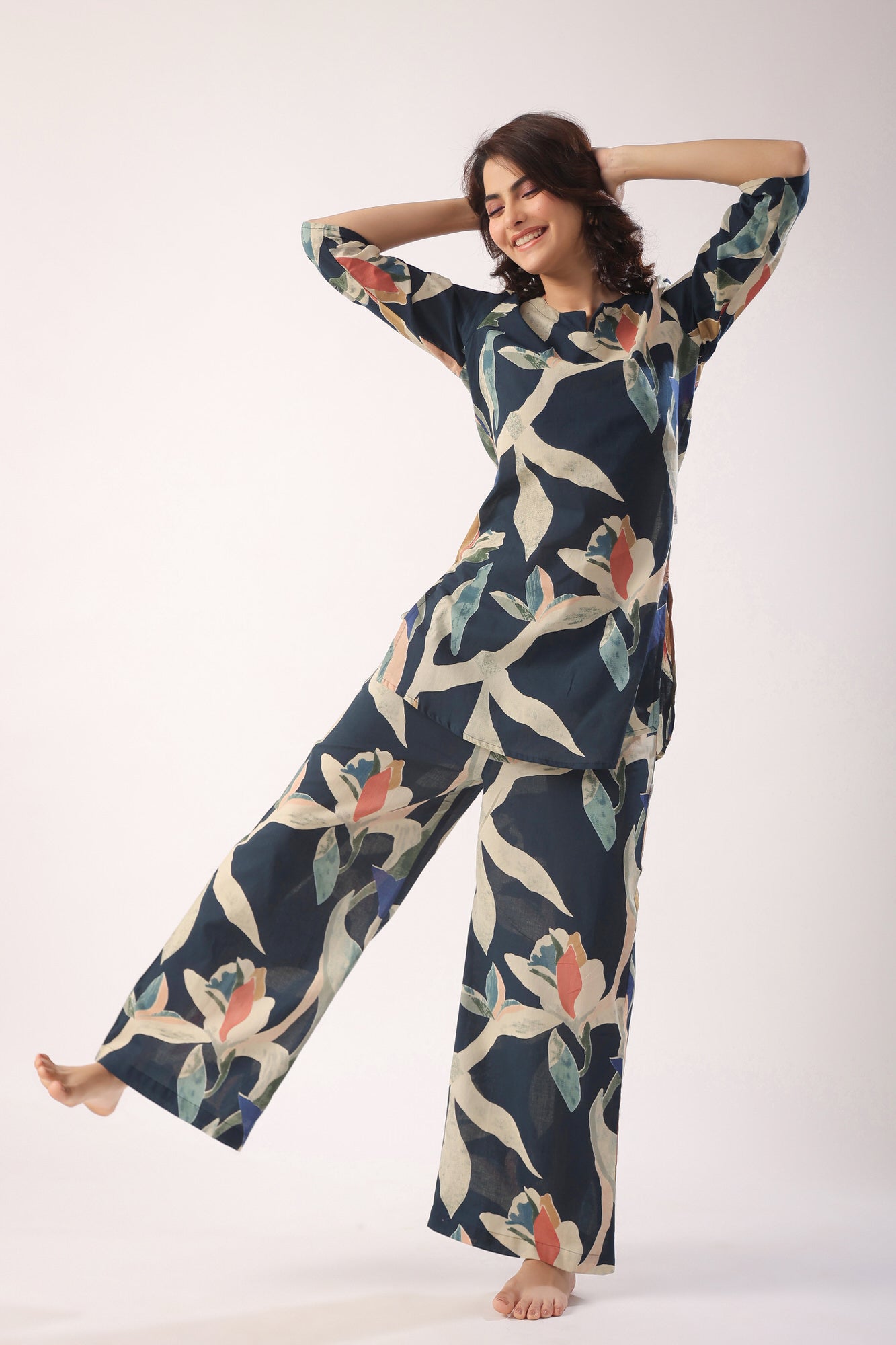 Abstract Strokes On Indigo Blue Cotton Palazzo Loungewear Set