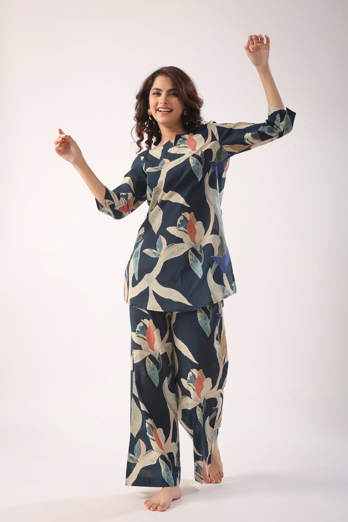 Abstract Strokes On Indigo Blue Cotton Palazzo Loungewear Set