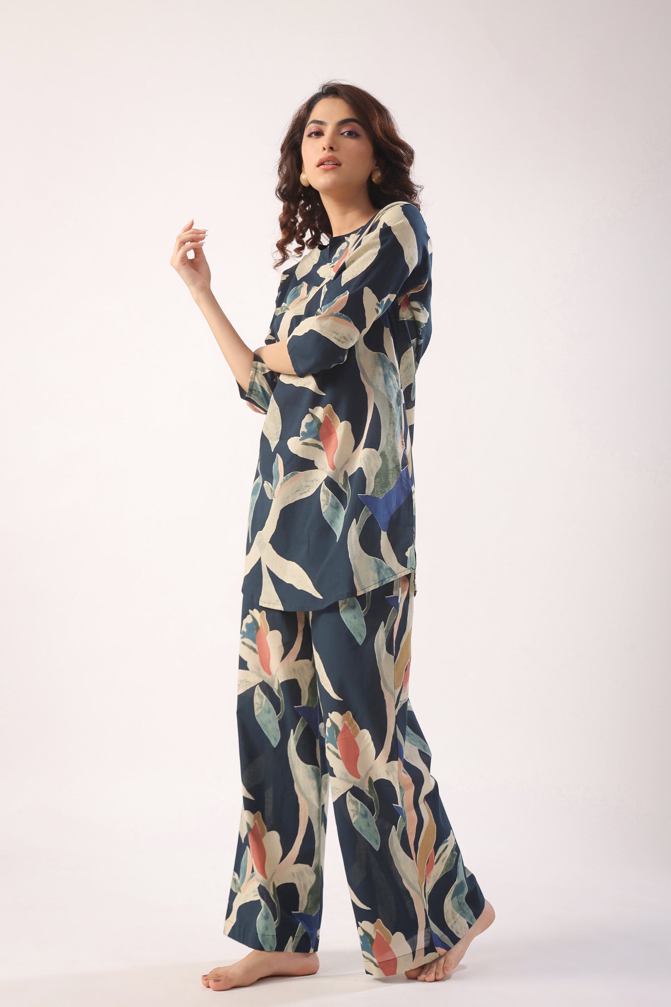 Abstract Strokes On Indigo Blue Cotton Palazzo Loungewear Set