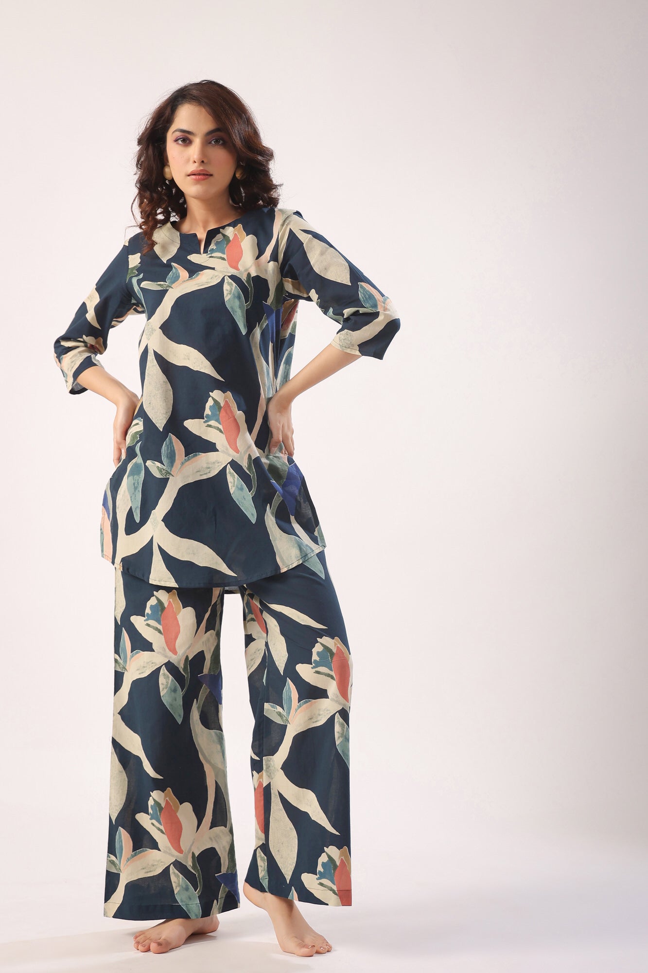 Abstract Strokes On Indigo Blue Cotton Palazzo Loungewear Set