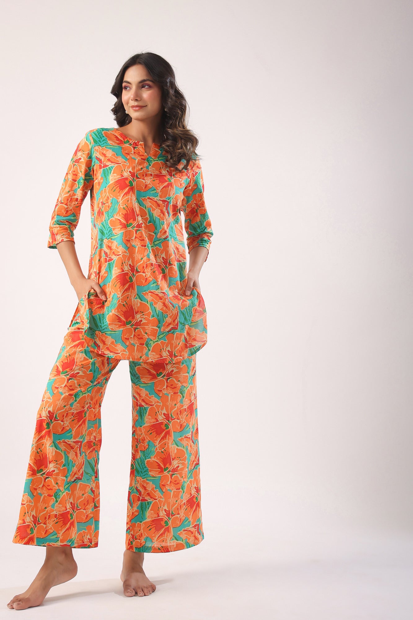 Orange Blooms on Sky Blue Cotton Palazzo Loungewear Set