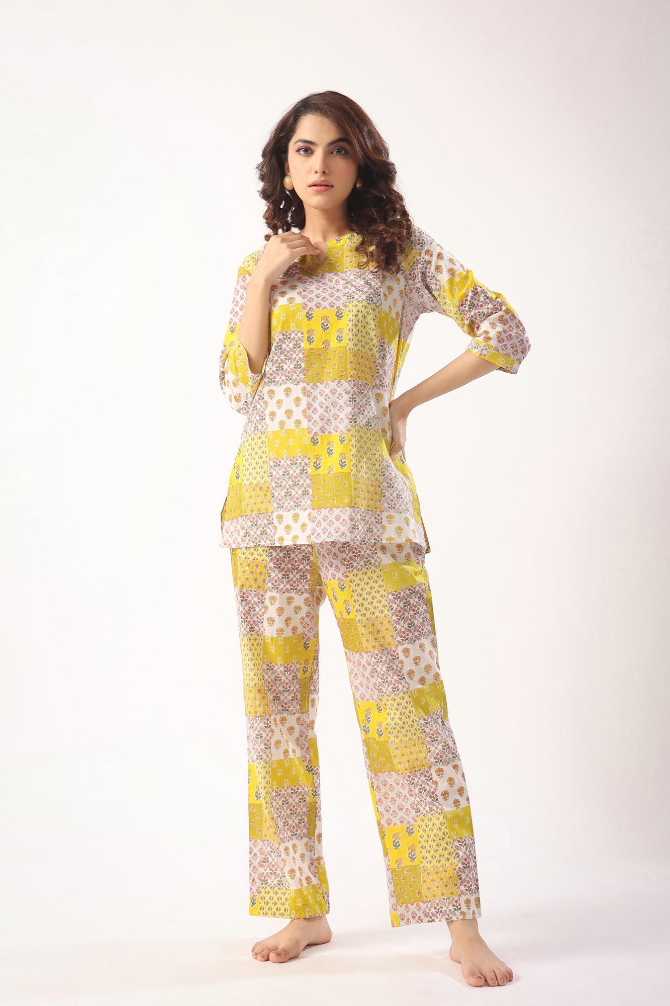 Patch Print on Mustard Cotton Loungewear Top Set