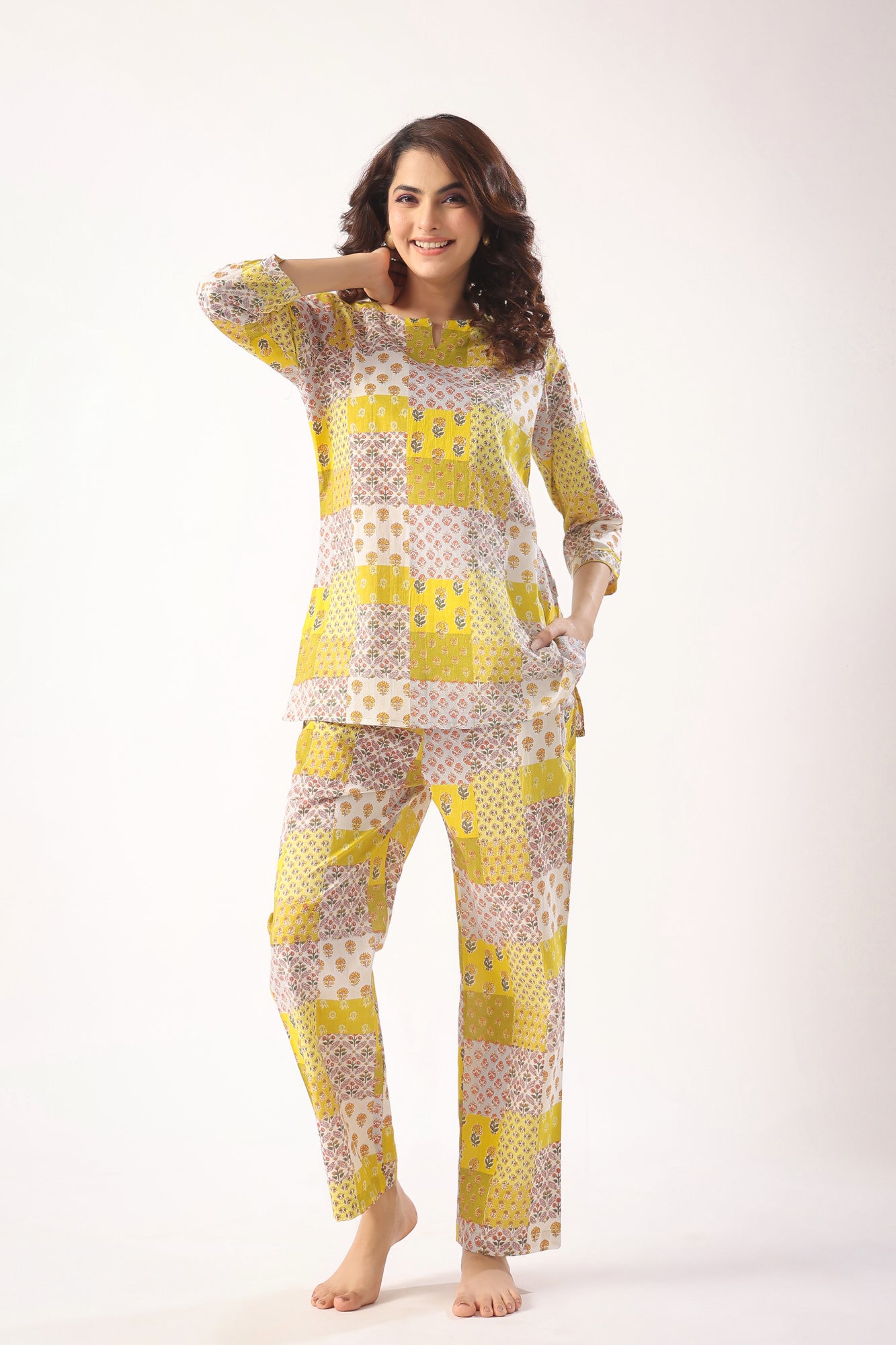Patch Print on Mustard Cotton Loungewear Top Set