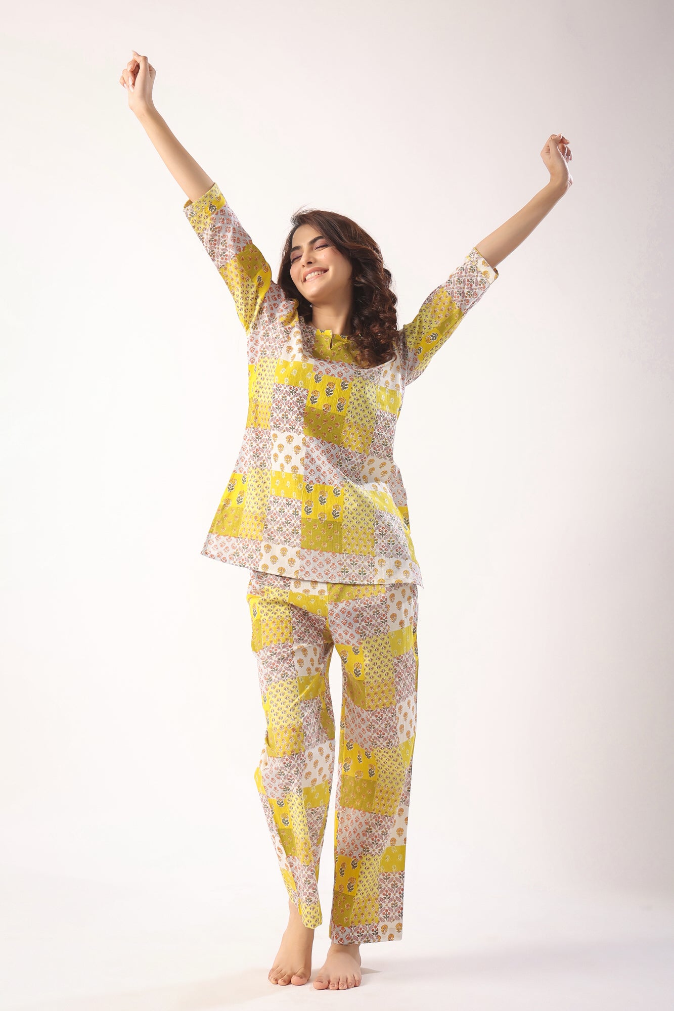Patch Print on Mustard Cotton Loungewear Top Set