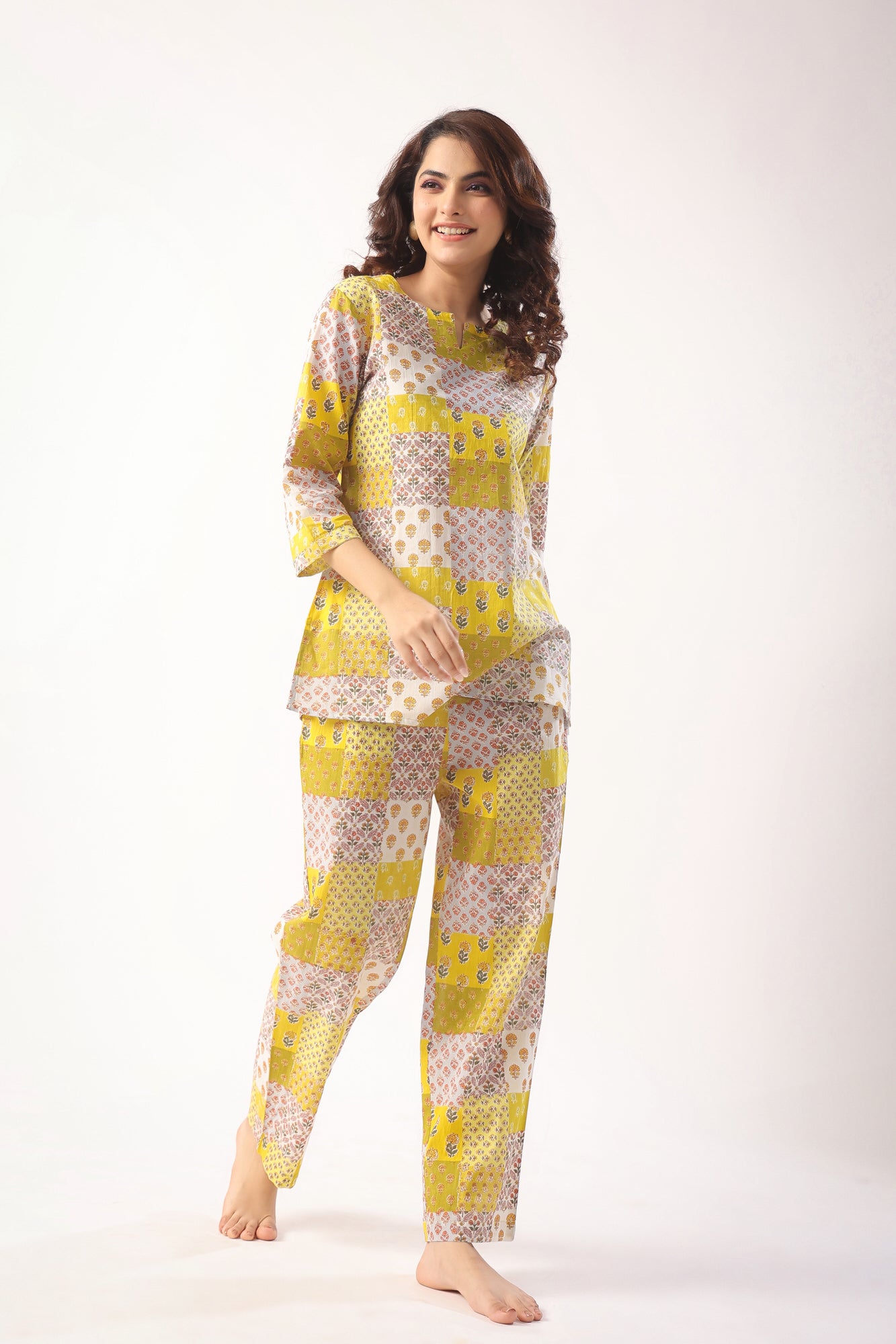 Patch Print on Mustard Cotton Loungewear Top Set