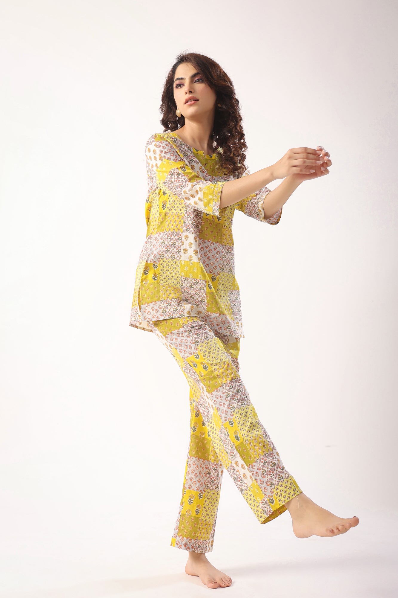 Patch Print on Mustard Cotton Loungewear Top Set