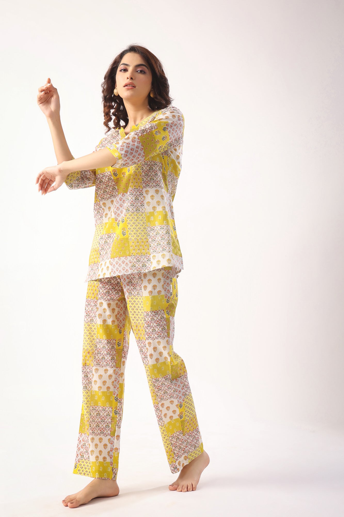 Patch Print on Mustard Cotton Loungewear Top Set