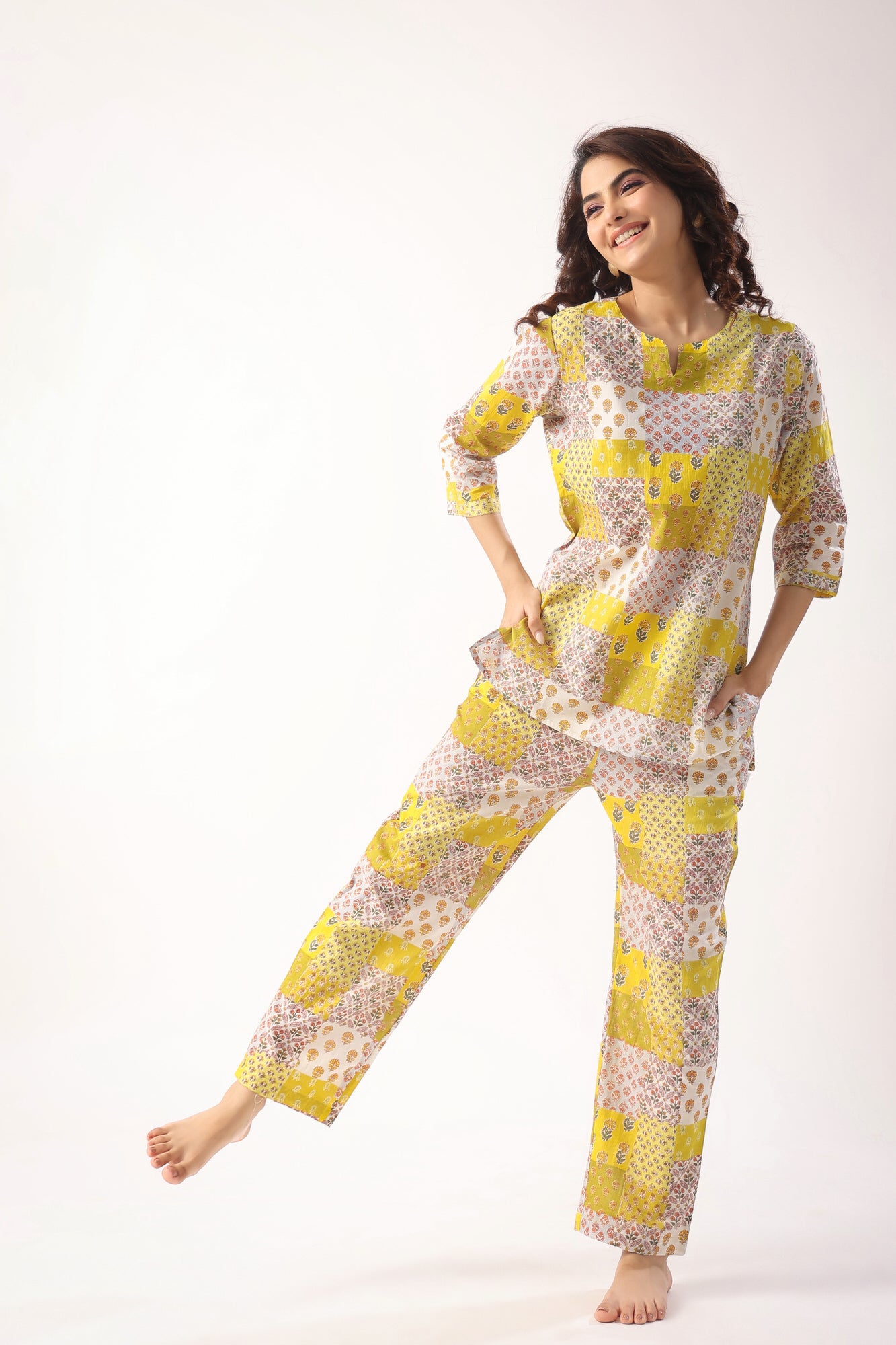 Patch Print on Mustard Cotton Loungewear Top Set