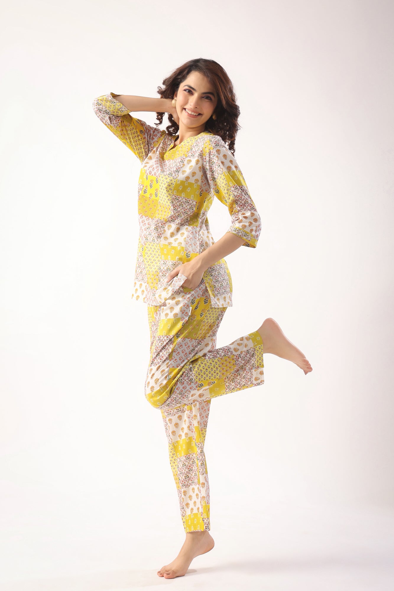 Patch Print on Mustard Cotton Loungewear Top Set