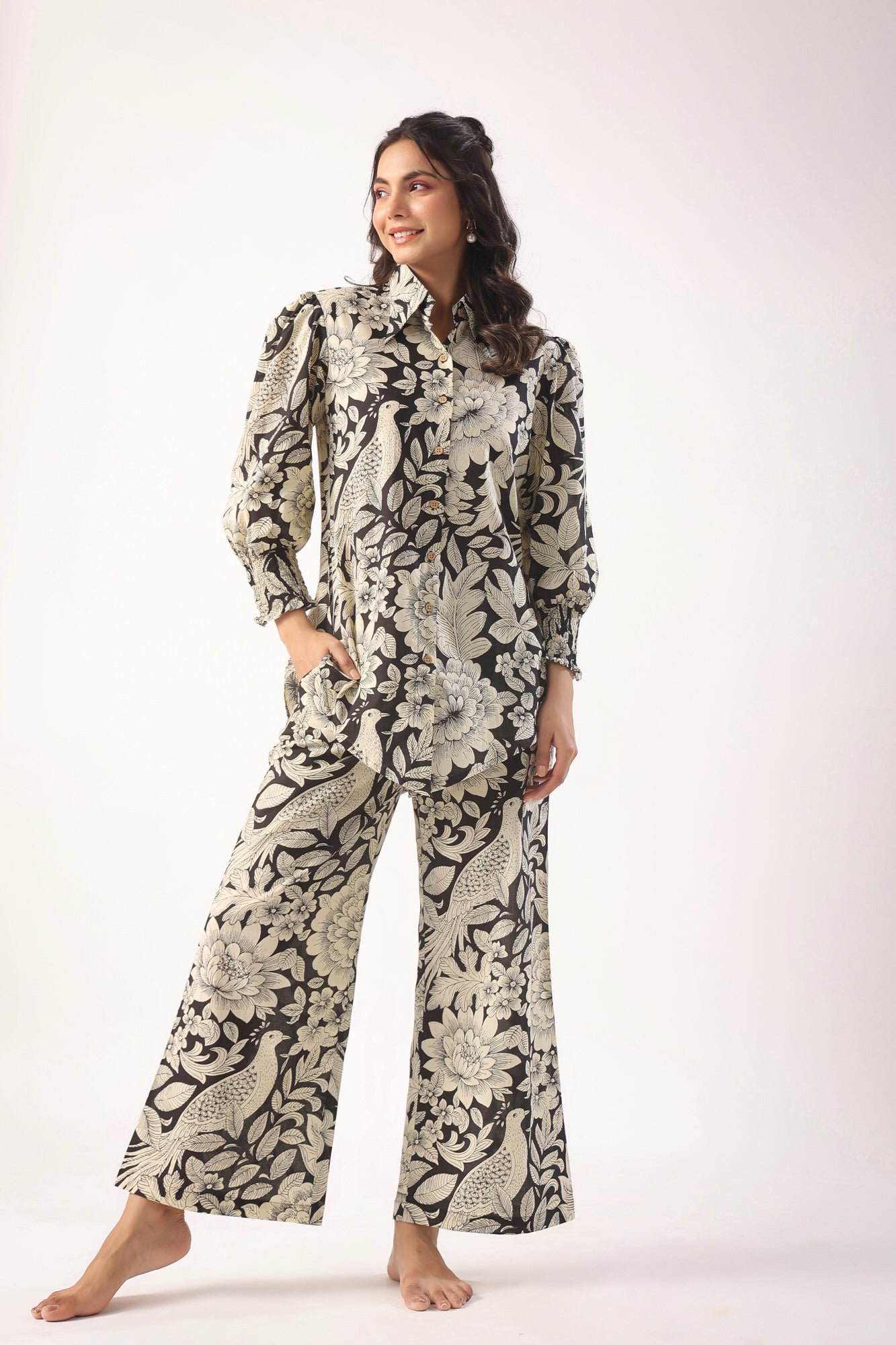 Bird Print on Black Lounge Cotton Co-ord Set