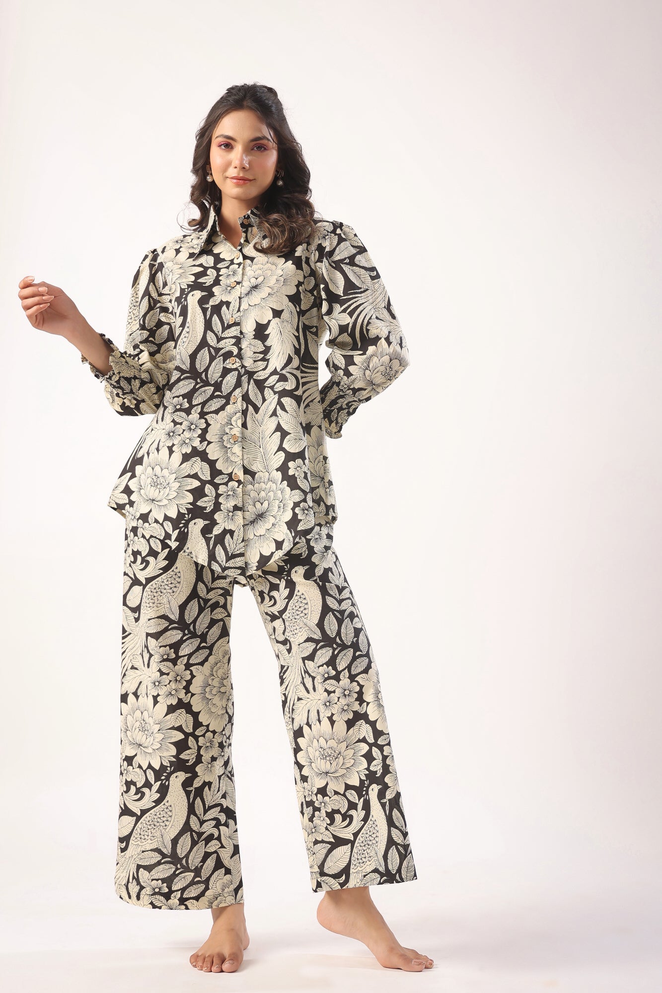 Bird Print on Black Lounge Cotton Co-ord Set