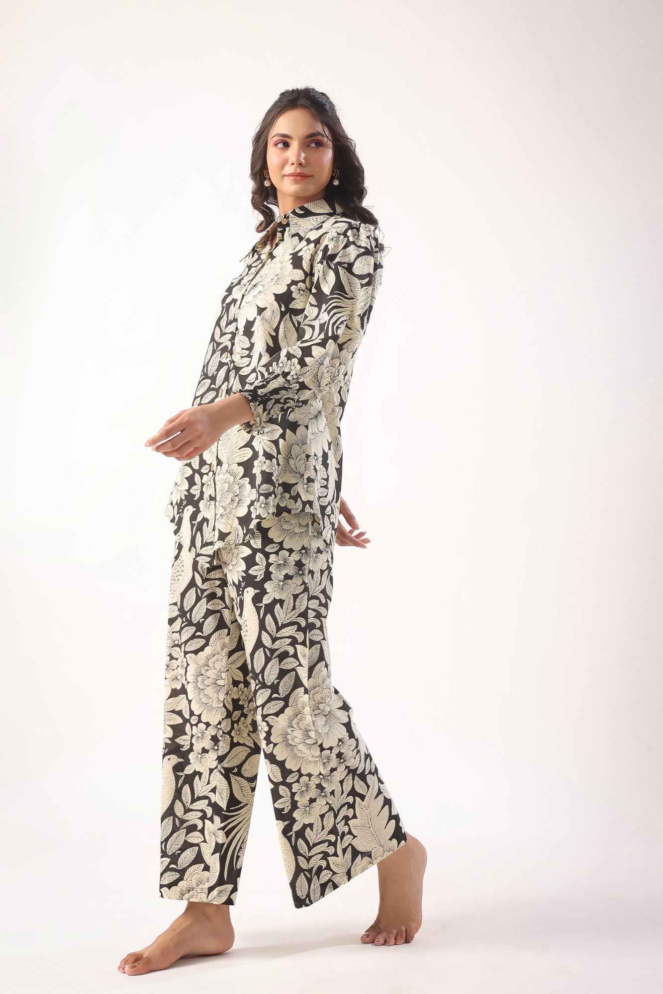 Bird Print on Black Lounge Cotton Co-ord Set