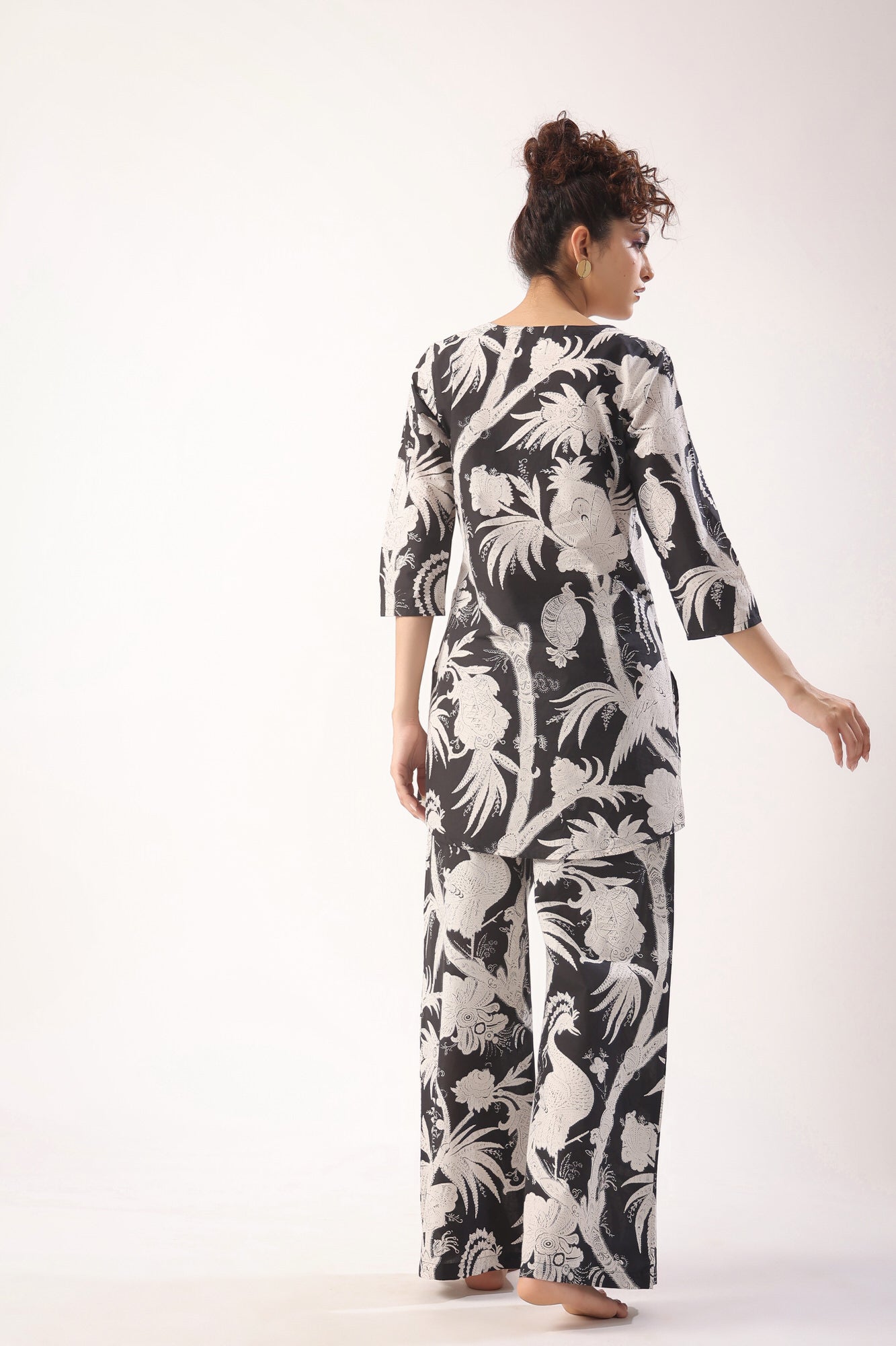 Bird Print On Black Cotton Palazzo Loungewear Set