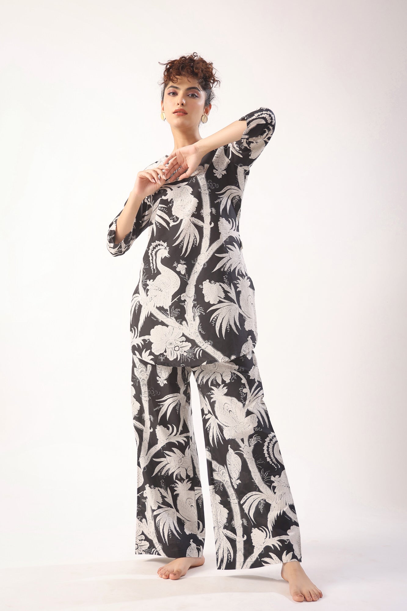 Bird Print On Black Cotton Palazzo Loungewear Set
