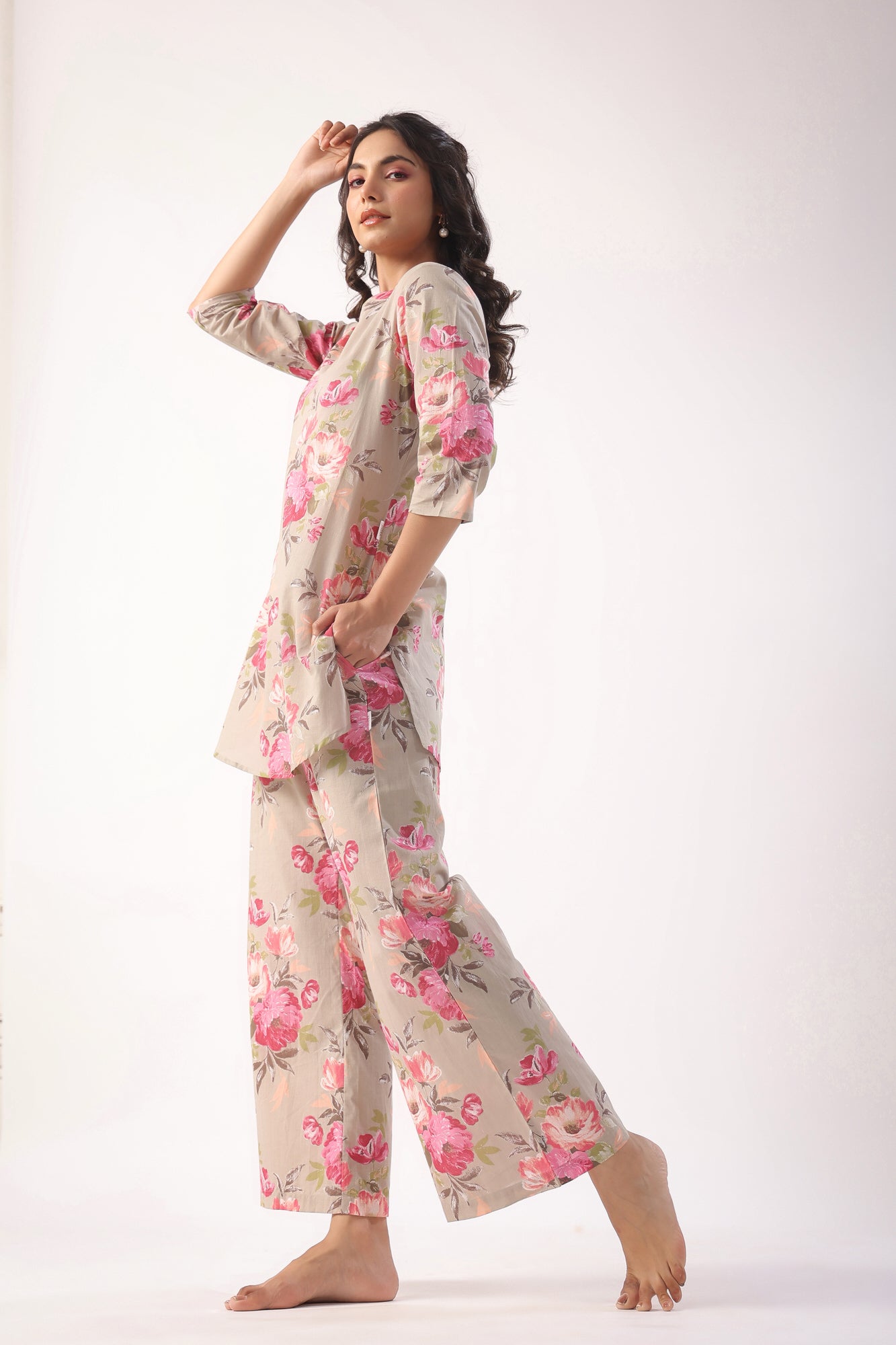 Floral Motifs On Grey Palazzo Cotton Loungewear Set