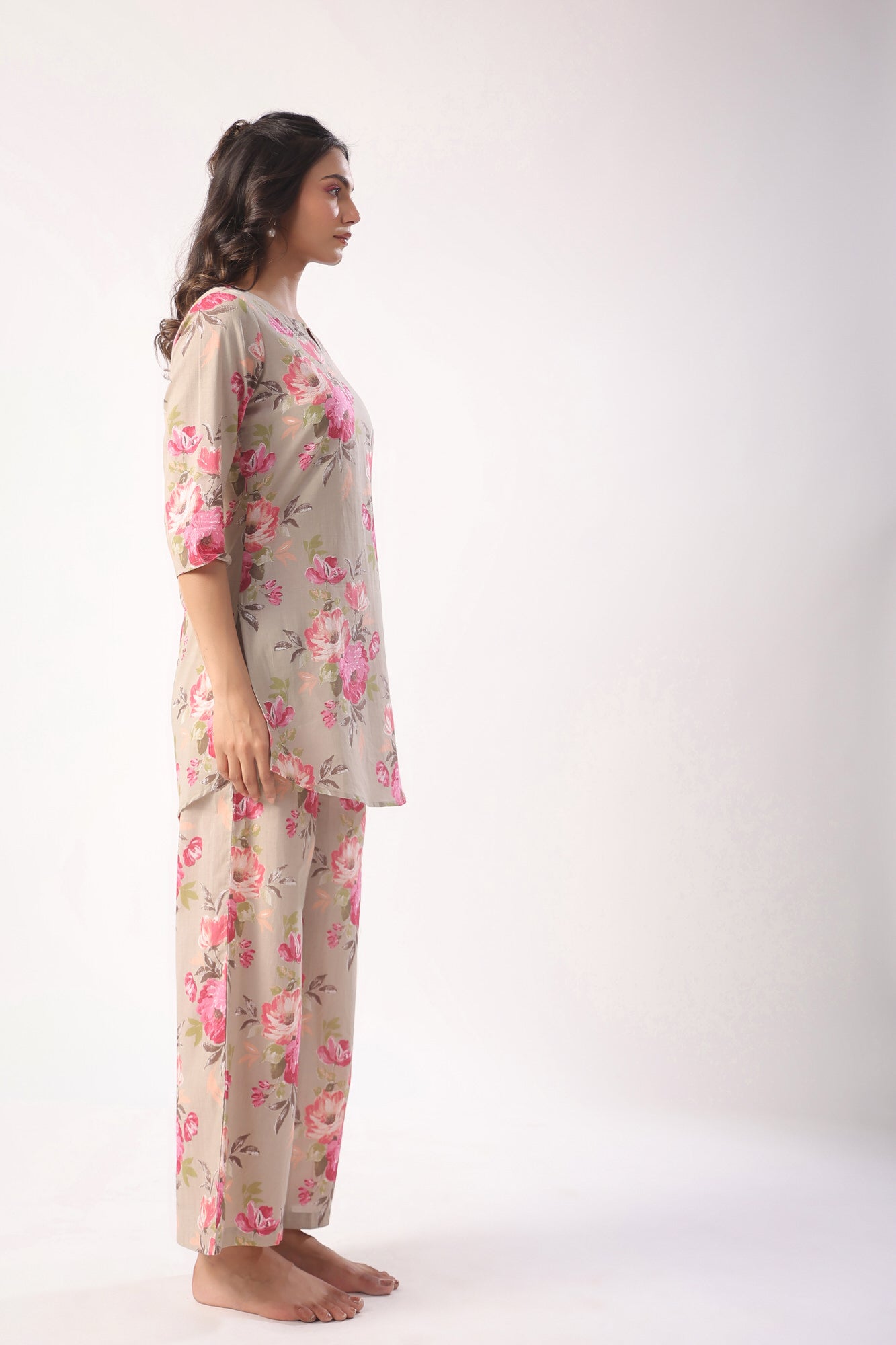 Floral Motifs On Grey Palazzo Cotton Loungewear Set