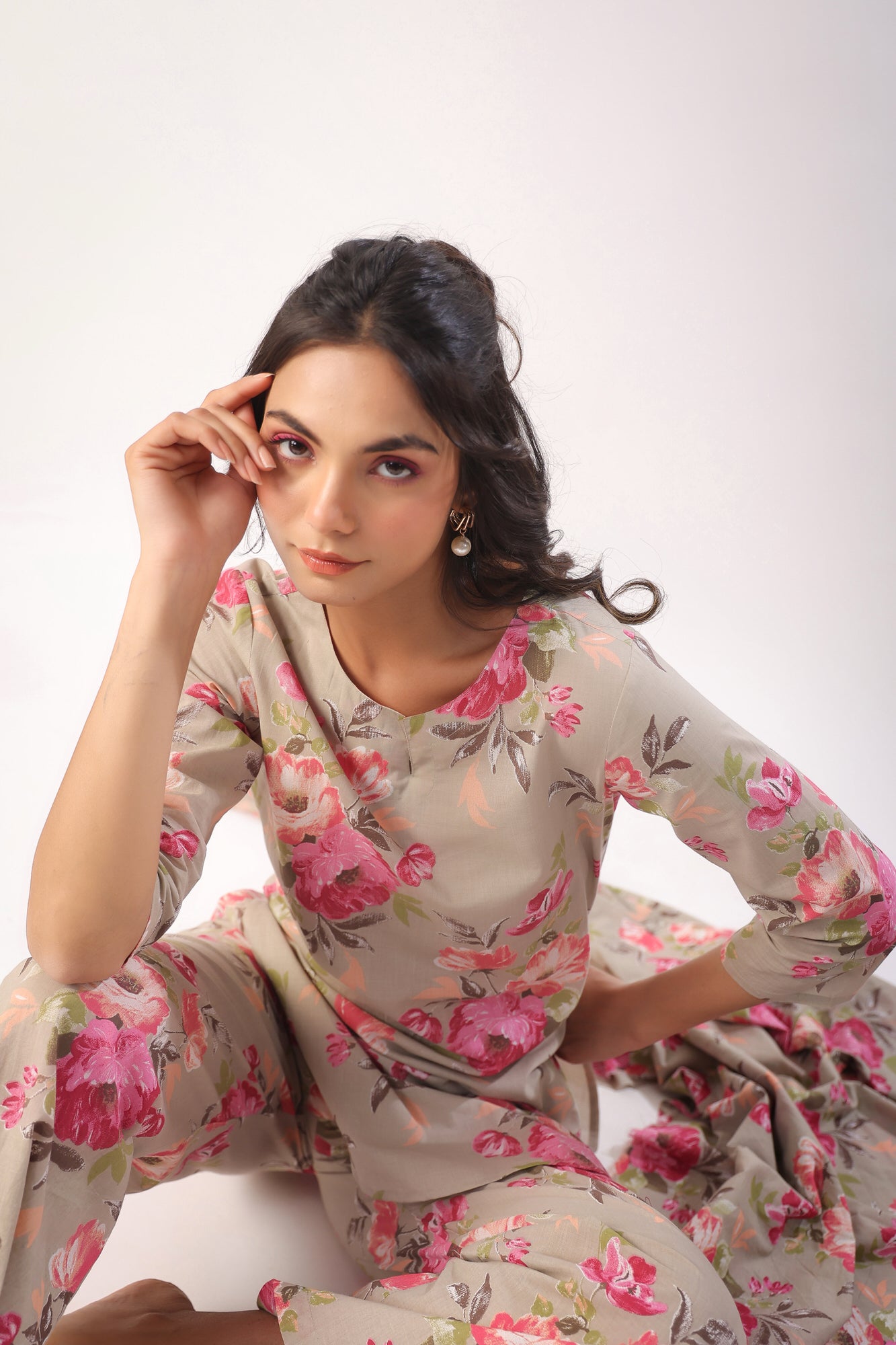 Floral Motifs On Grey Palazzo Cotton Loungewear Set