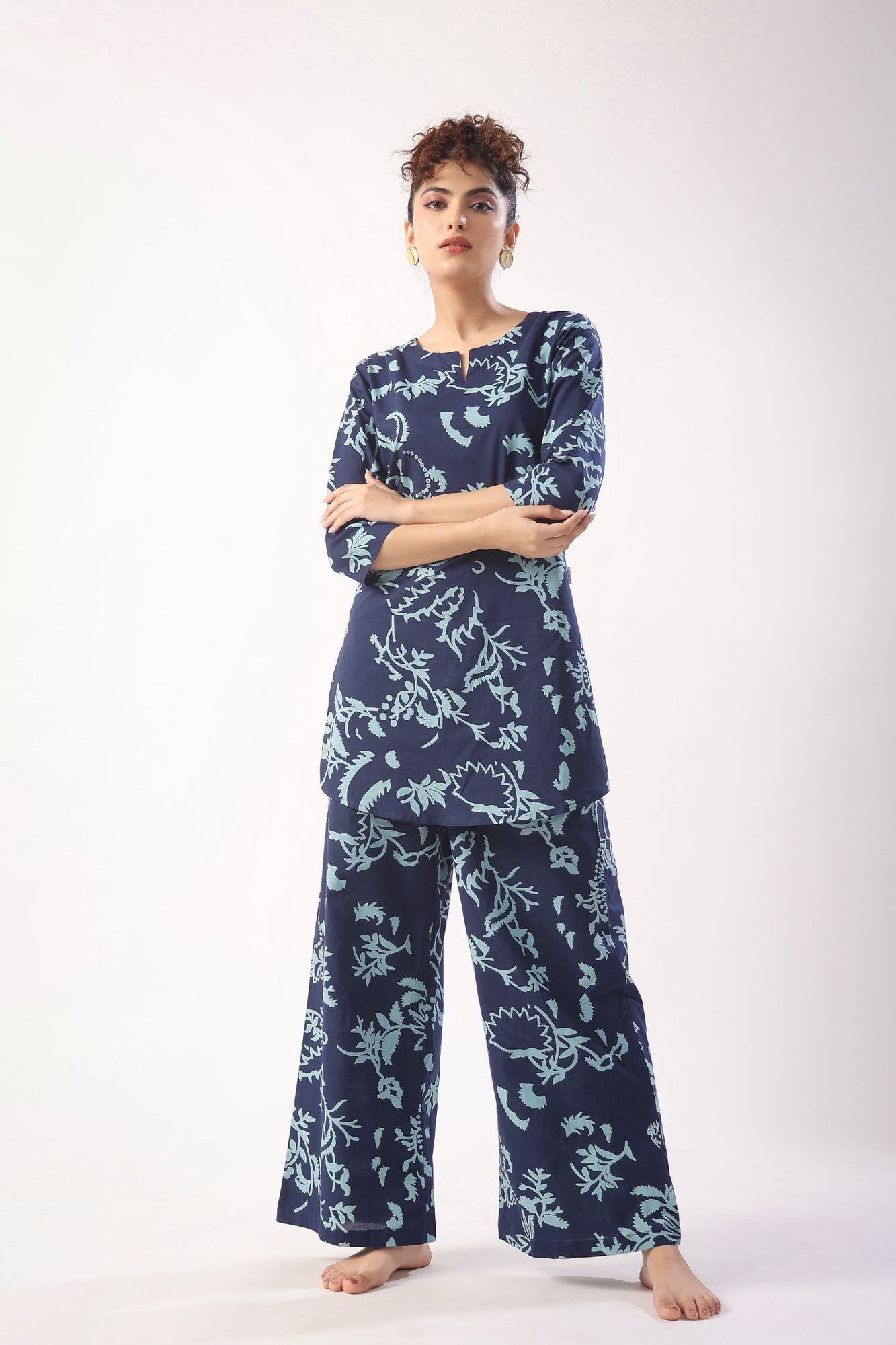 Abstract Art on Indigo Blue Cotton Palazzo Loungewear Set