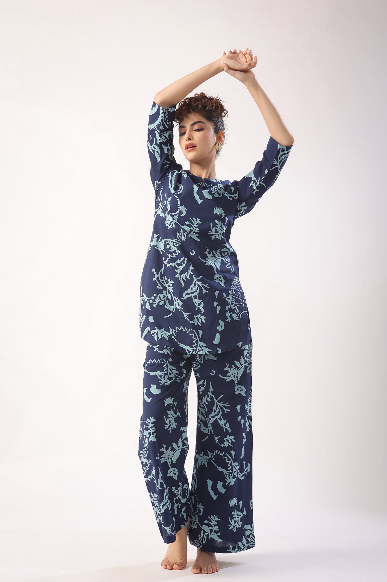 Abstract Art on Indigo Blue Cotton Palazzo Loungewear Set