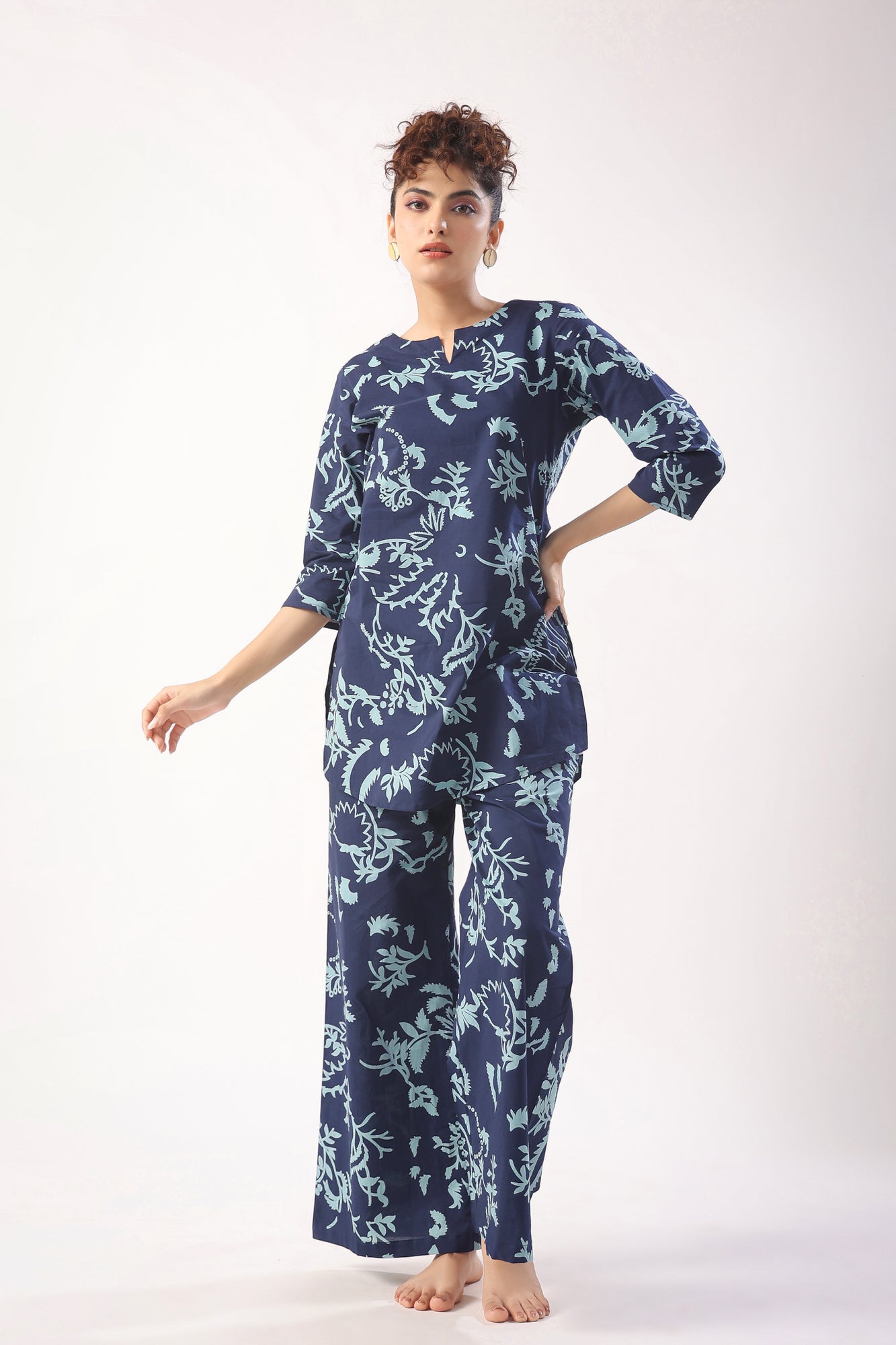 Abstract Art on Indigo Blue Cotton Palazzo Loungewear Set