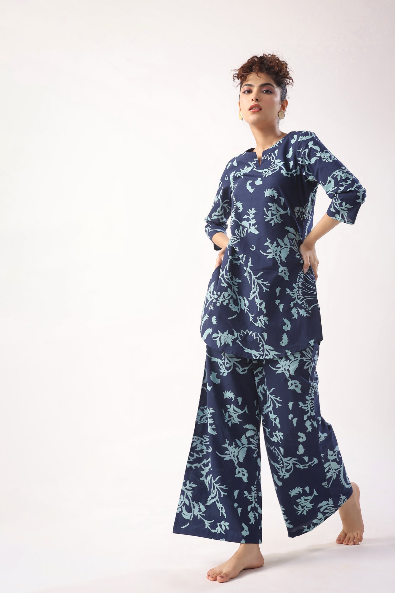 Abstract Art on Indigo Blue Cotton Palazzo Loungewear Set