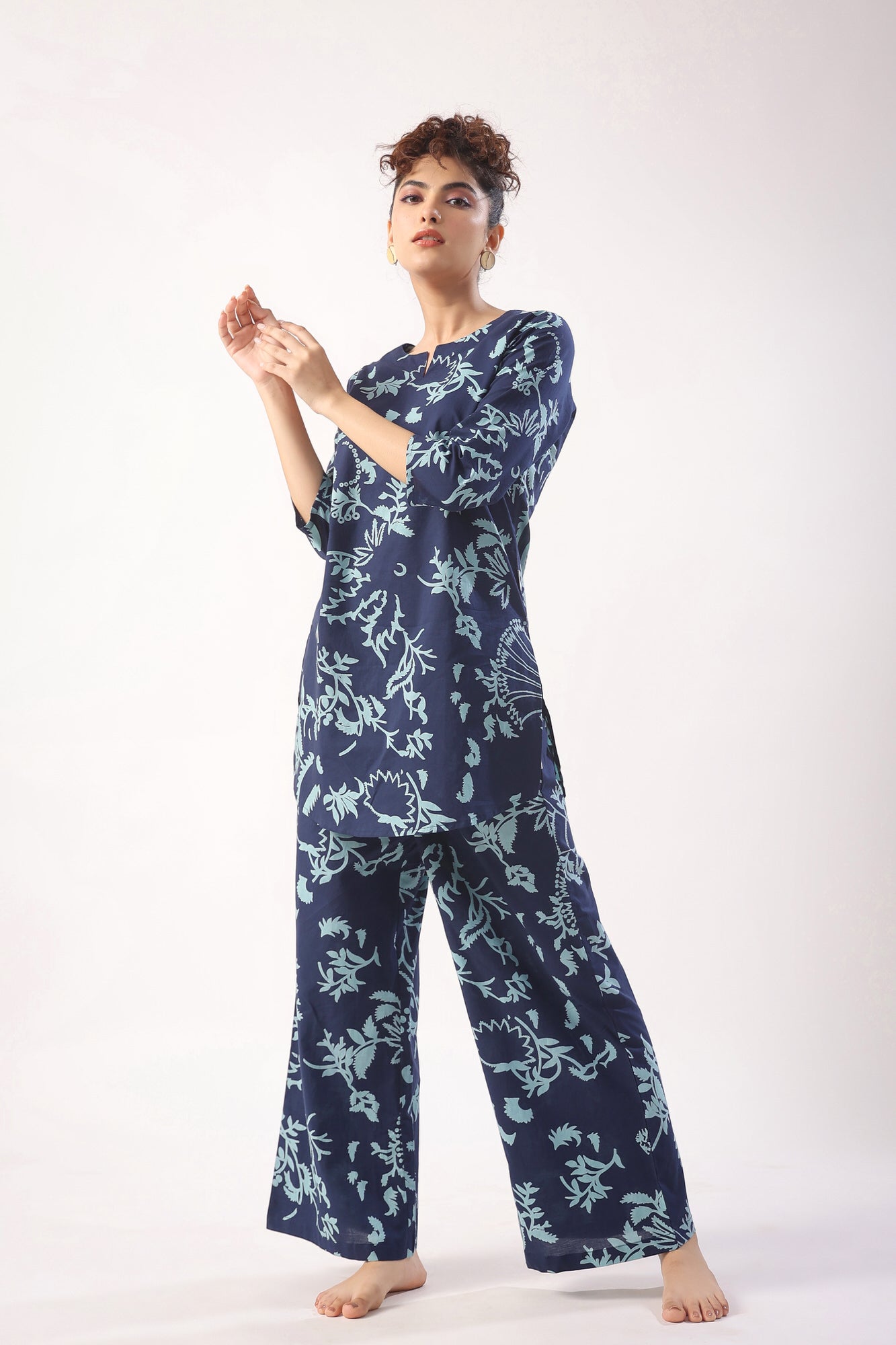 Abstract Art on Indigo Blue Cotton Palazzo Loungewear Set