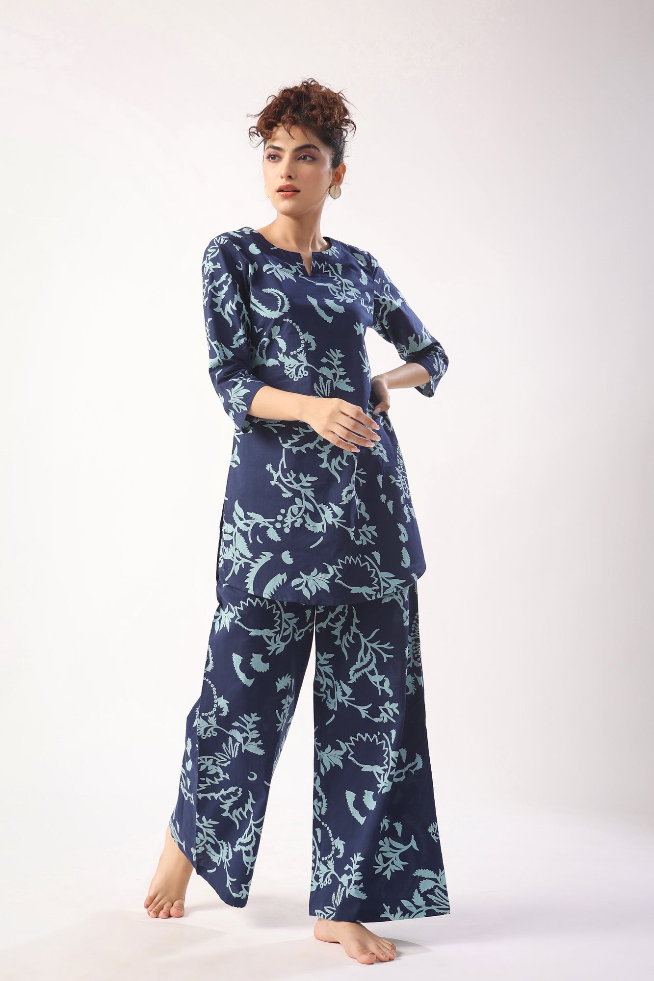 Abstract Art on Indigo Blue Cotton Palazzo Loungewear Set