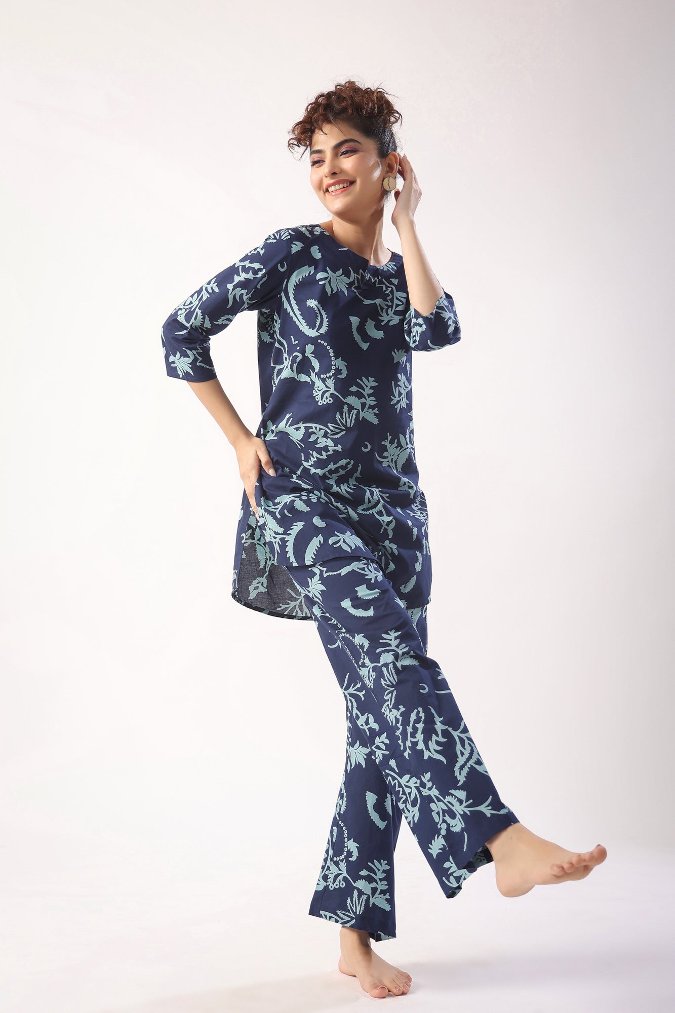 Abstract Art on Indigo Blue Cotton Palazzo Loungewear Set
