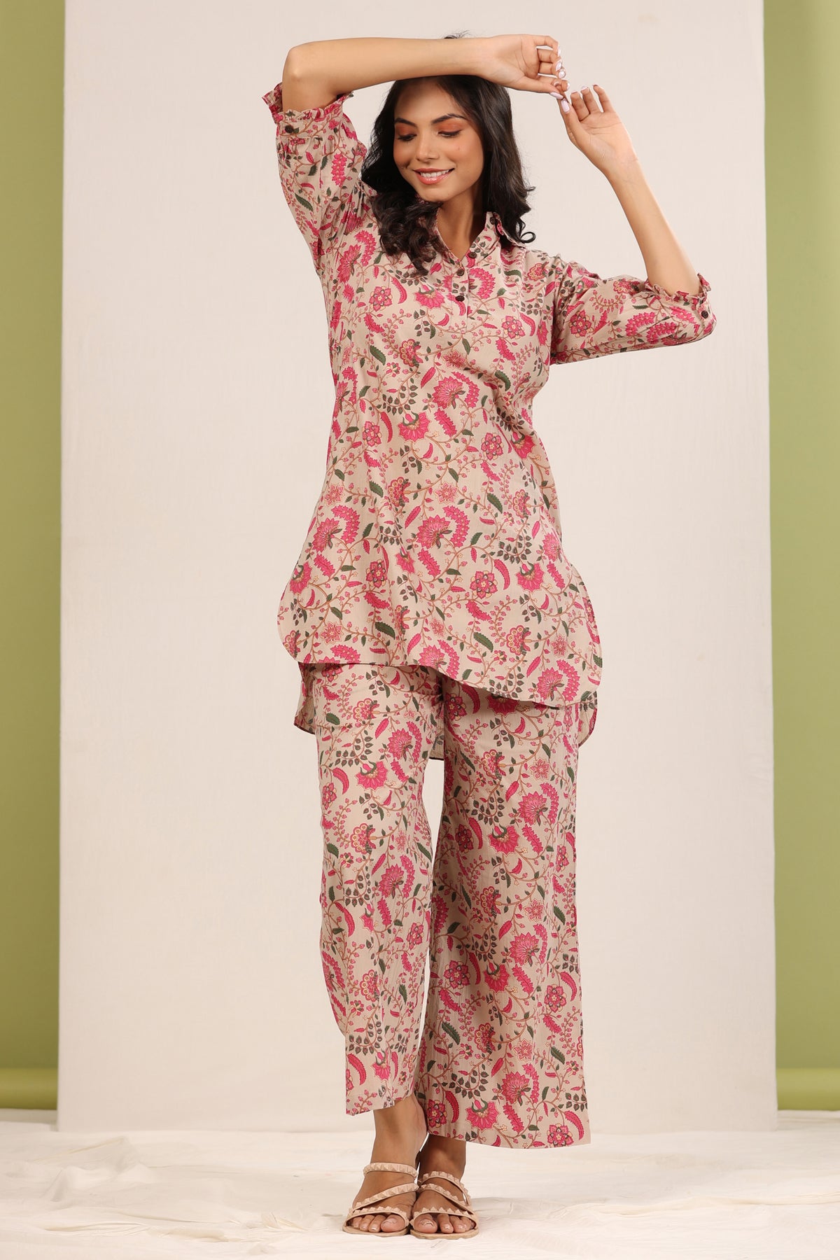 Floral Jaal on Beige Cotton Palazzo Loungewear Set