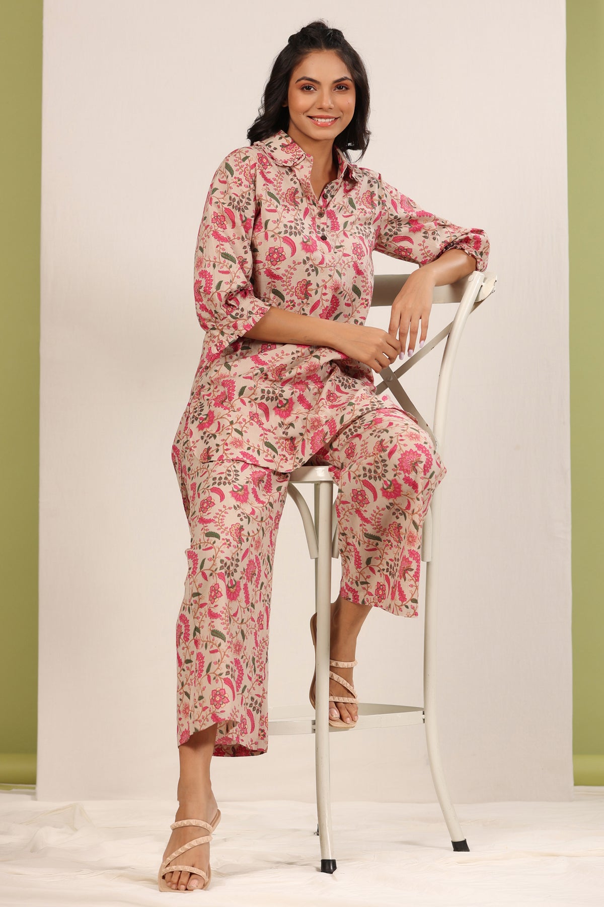 Floral Jaal on Beige Cotton Palazzo Loungewear Set