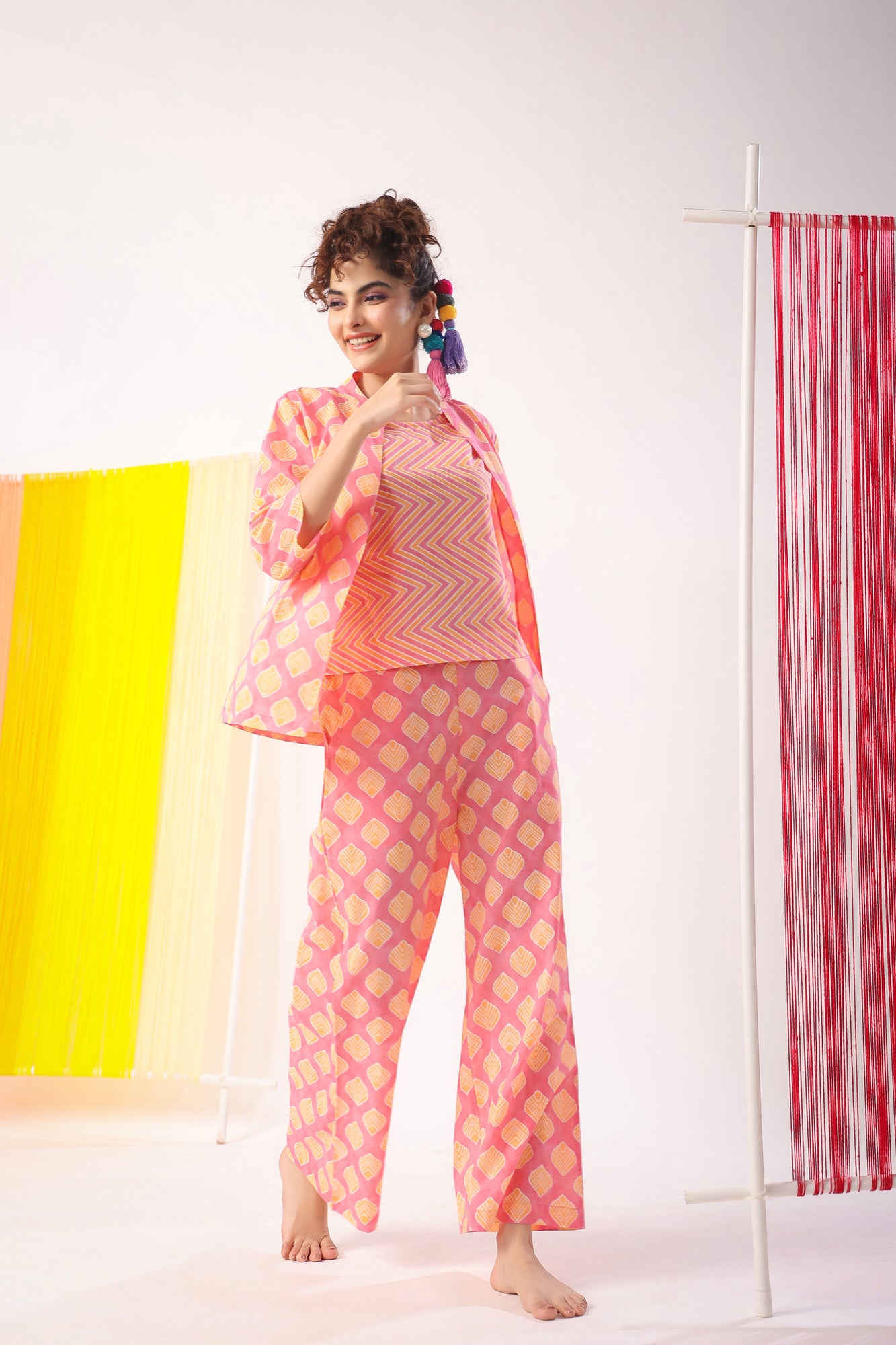 Mimosa Delight on Peach Three Piece Cotton Set