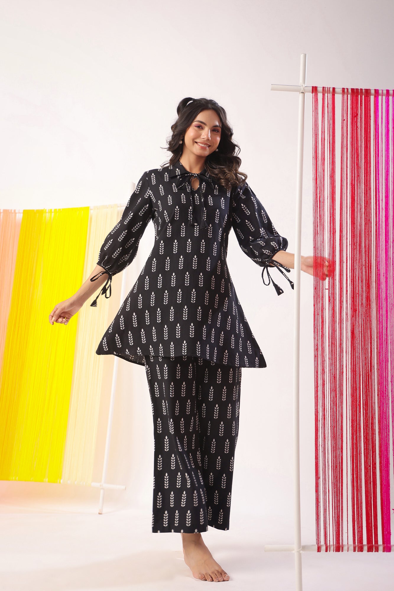 Minimalist Pattern On Black Cotton Flex Co-ord Set