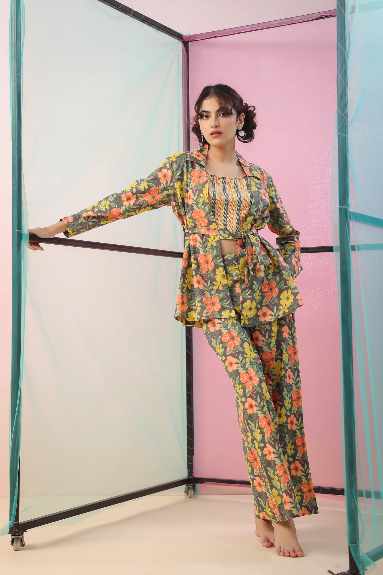 Florals on Grey Three Piece Cotton Co-ord Set