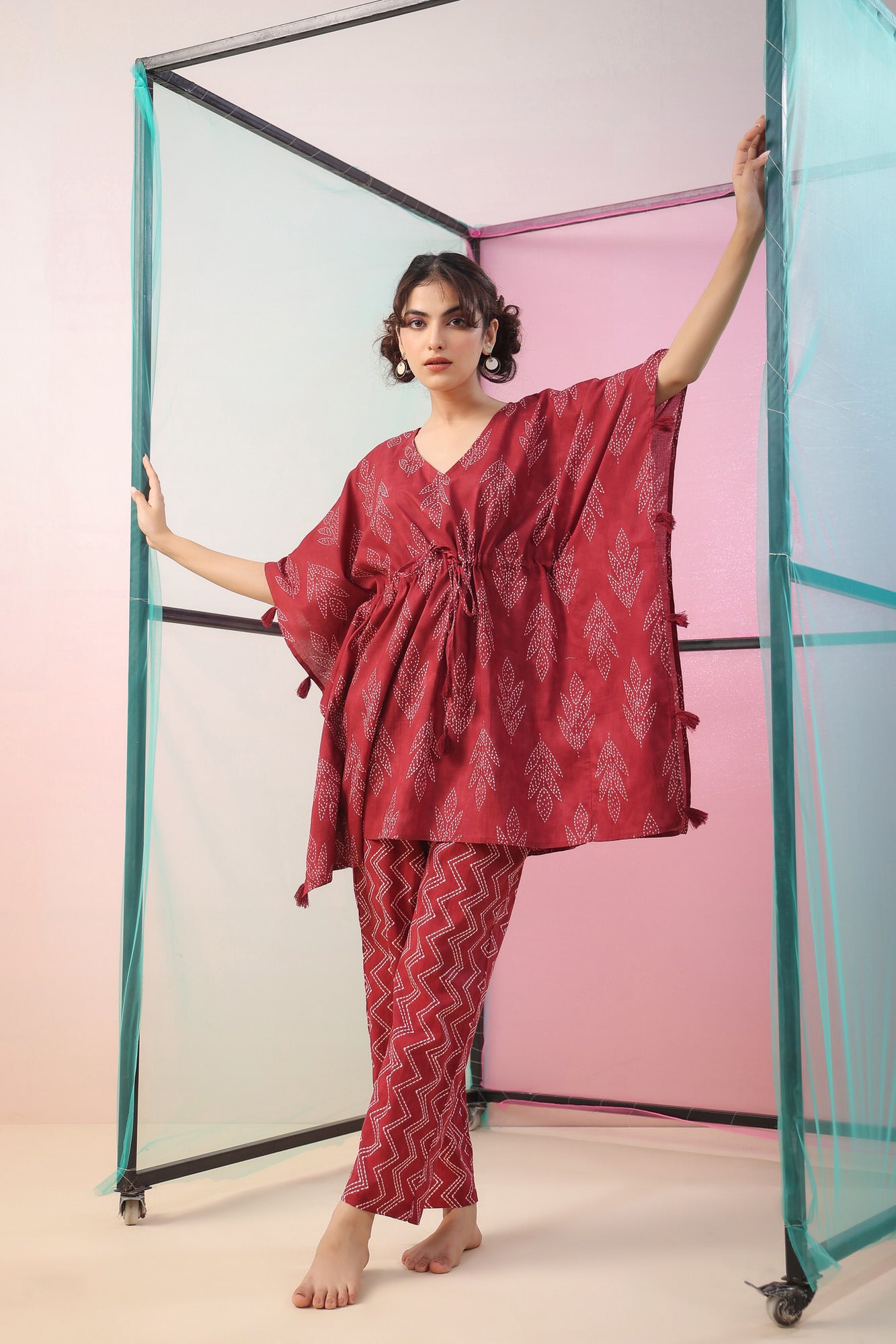 Maroon Shibori Kaftan Cotton Co-ord Set