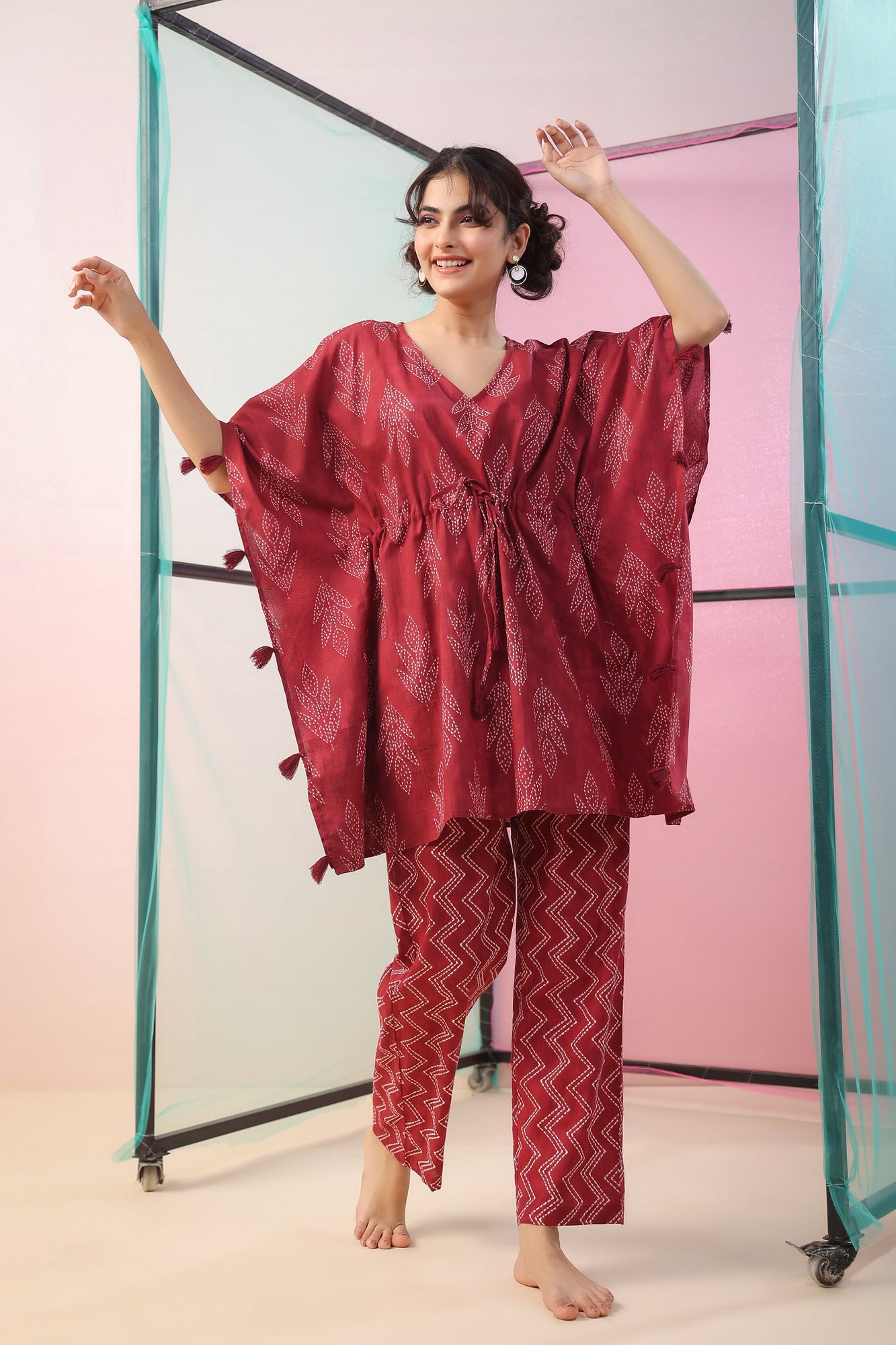 Maroon Shibori Kaftan Cotton Co-ord Set