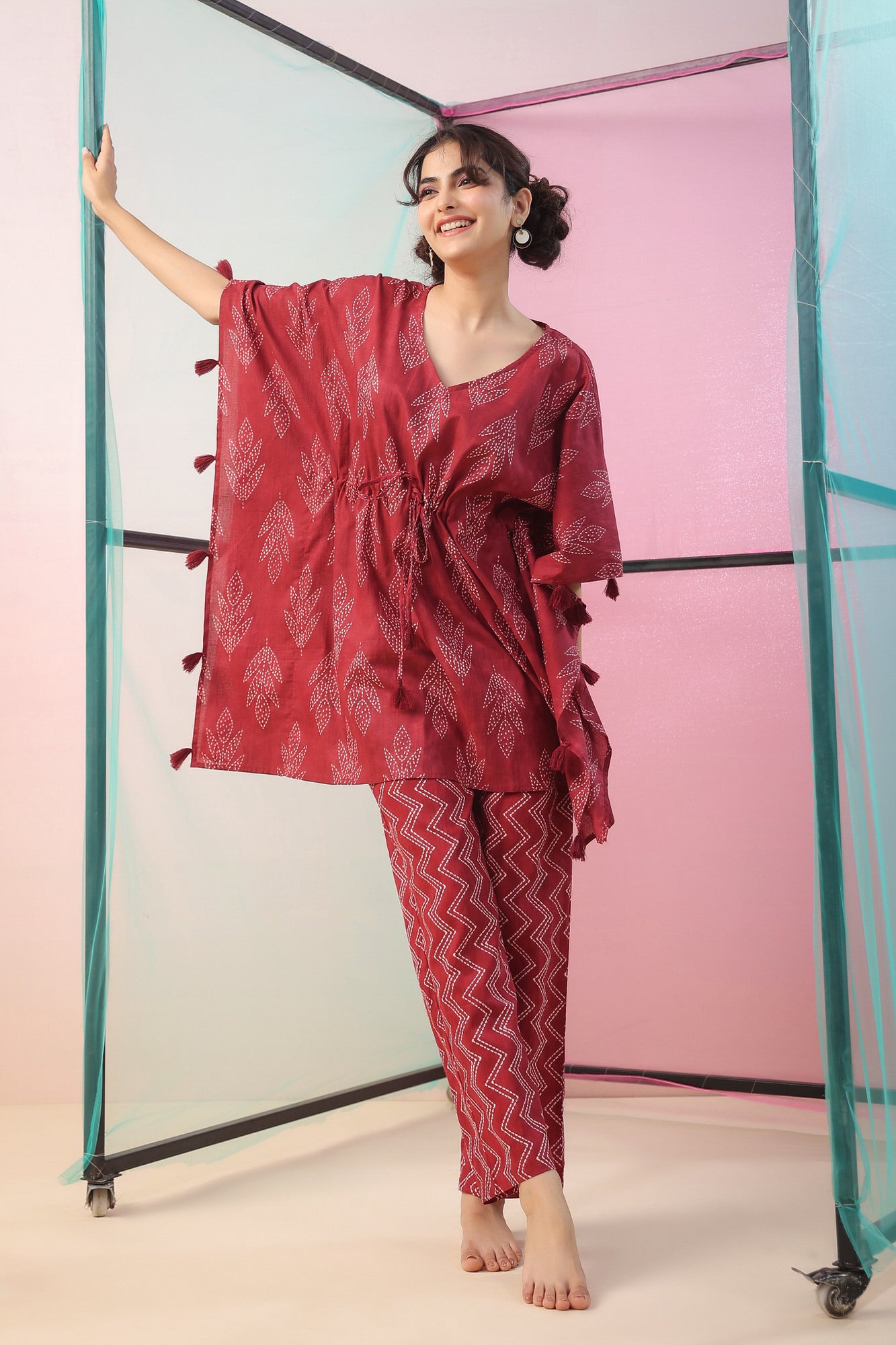 Maroon Shibori Kaftan Cotton Co-ord Set