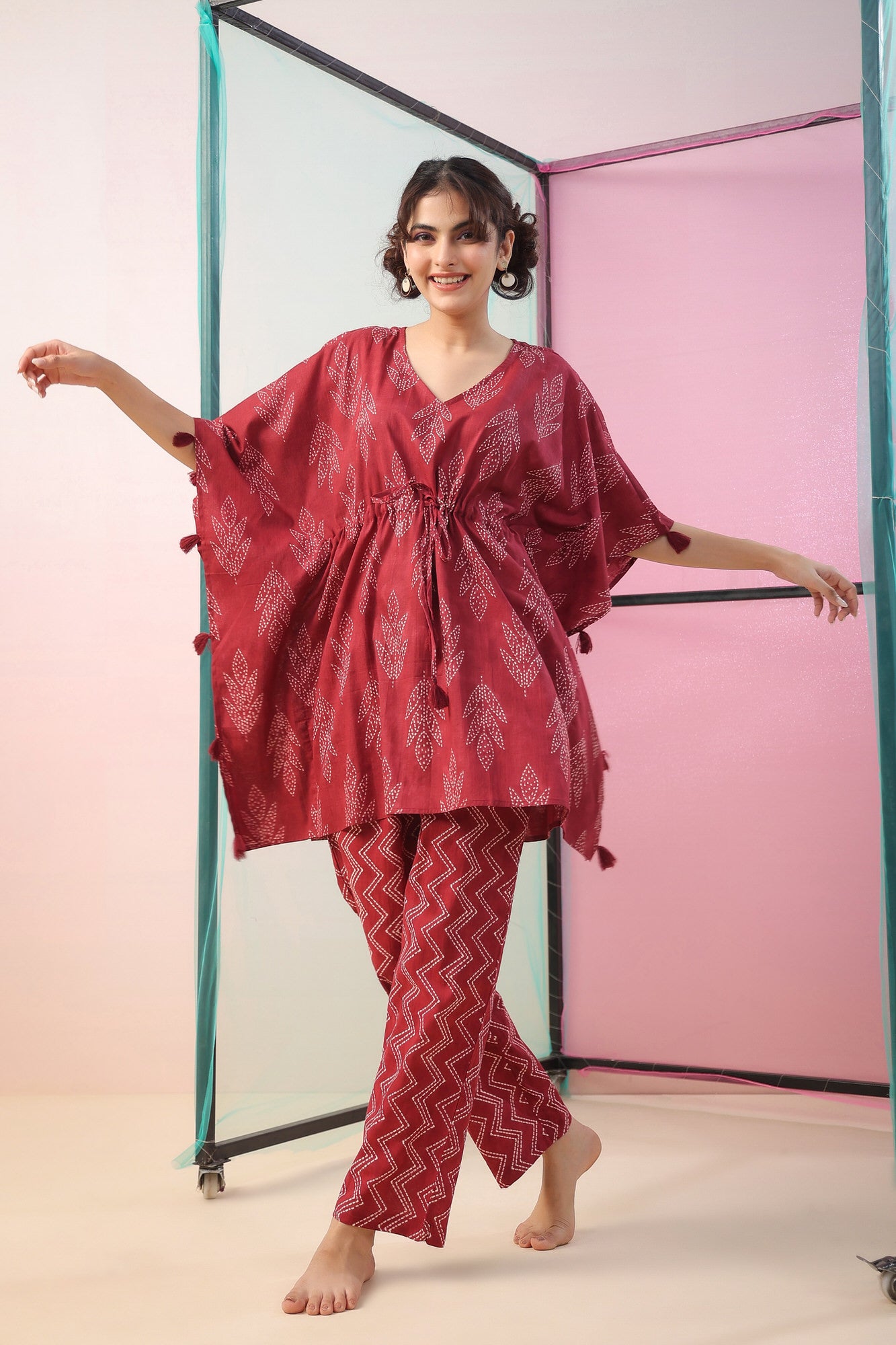 Maroon Shibori Kaftan Cotton Co-ord Set