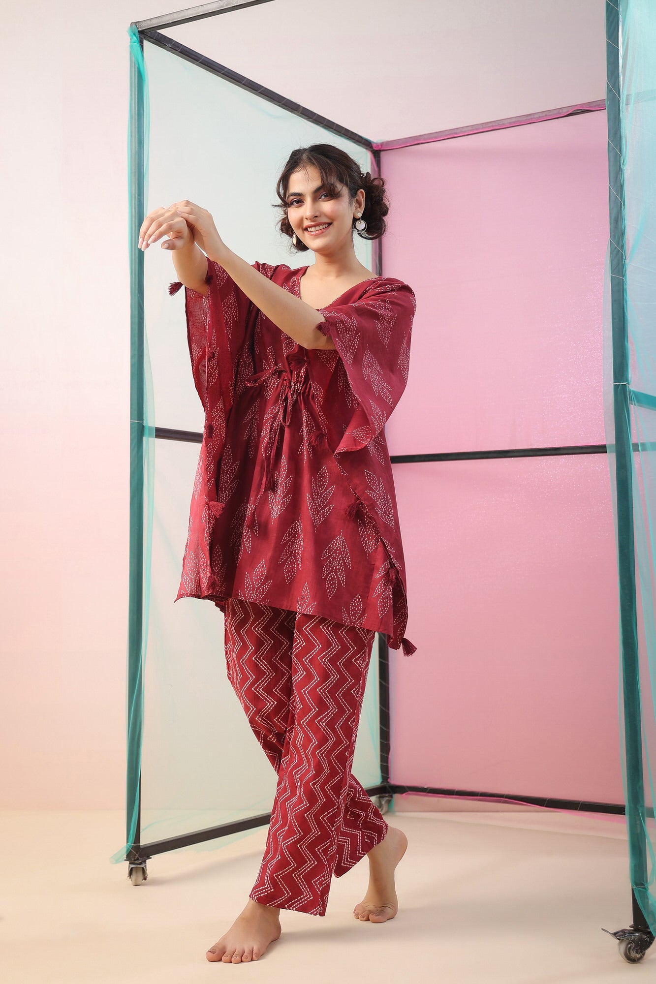 Maroon Shibori Kaftan Cotton Co-ord Set
