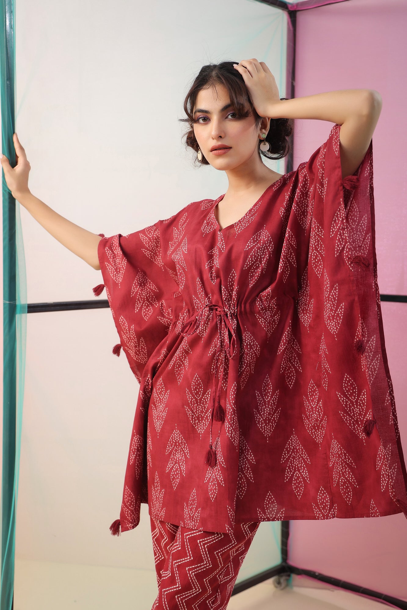 Maroon Shibori Kaftan Cotton Co-ord Set