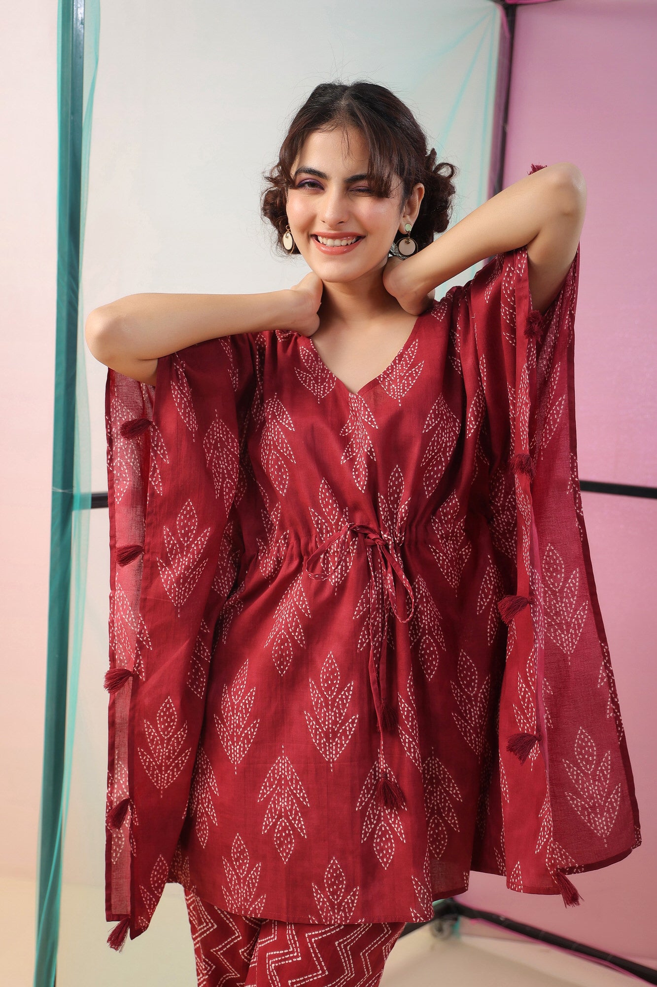 Maroon Shibori Kaftan Cotton Co-ord Set