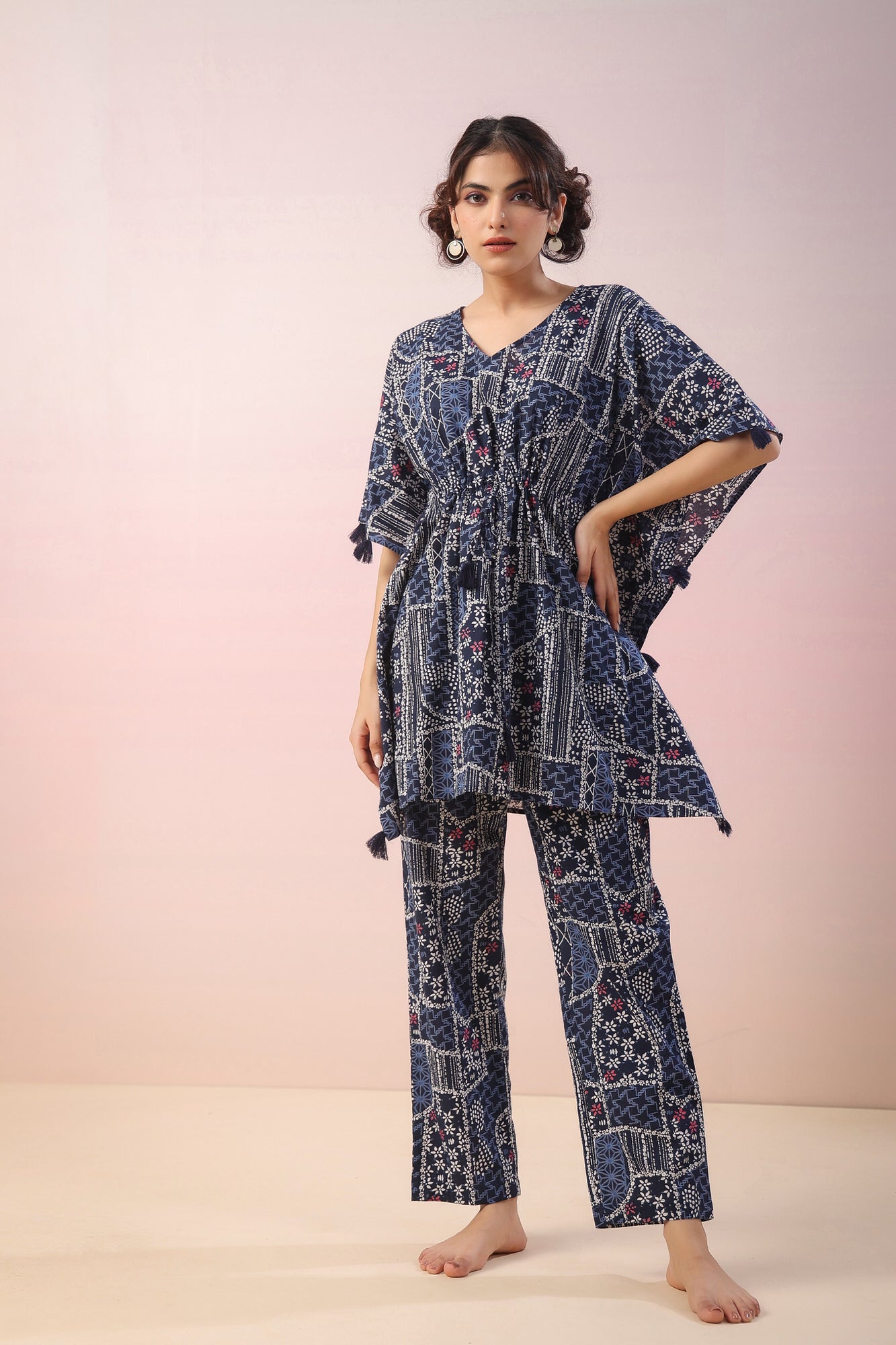 Doodle Print on Indigo Kaftan Cotton Co-ord Set