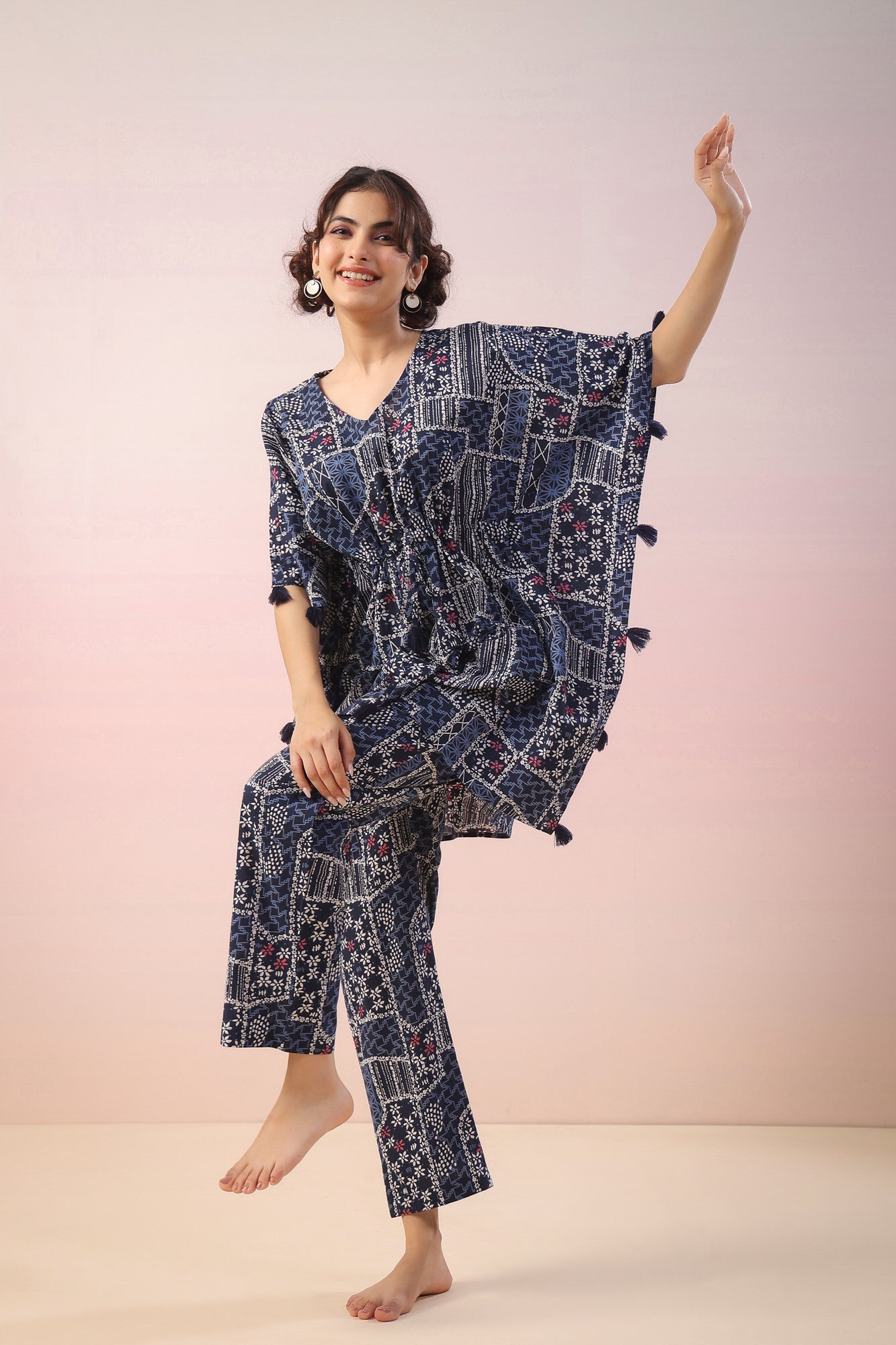 Doodle Print on Indigo Kaftan Cotton Co-ord Set