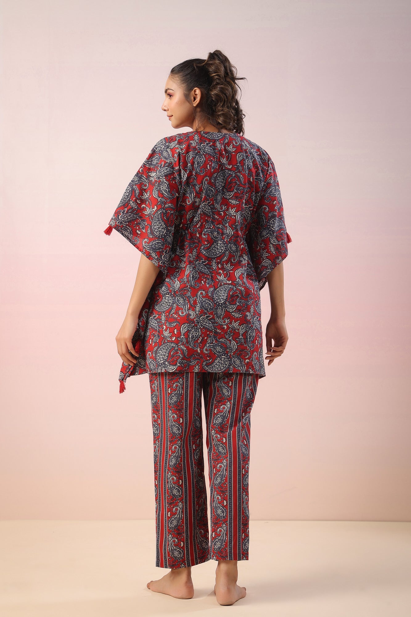 Jaal Print on Red Kaftan Cotton Co-ord Set