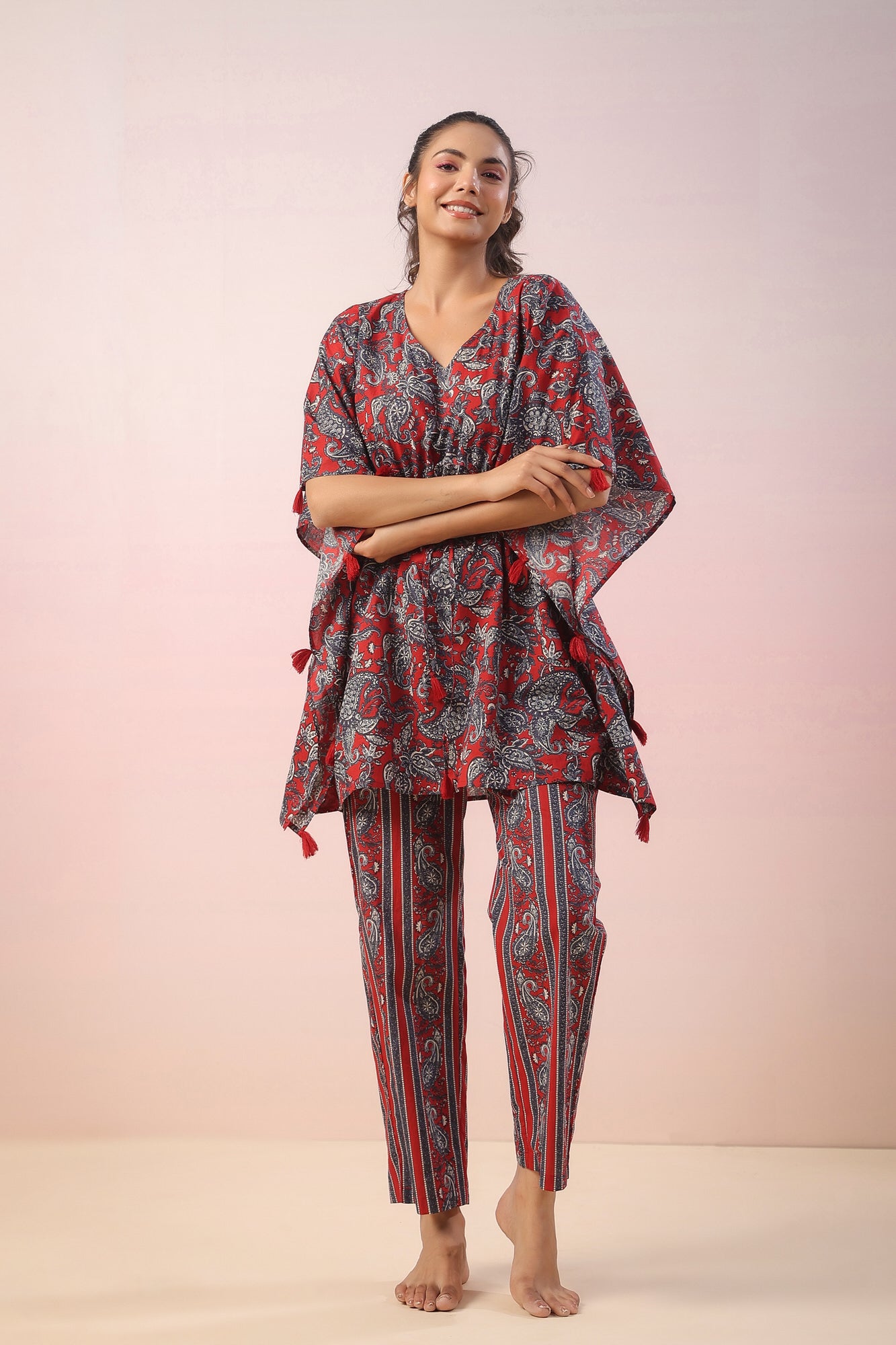 Jaal Print on Red Kaftan Cotton Co-ord Set