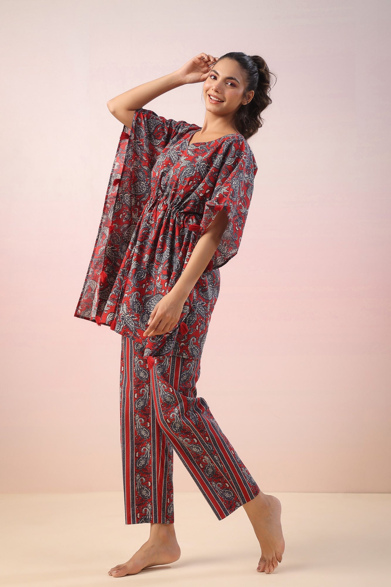 Jaal Print on Red Kaftan Cotton Co-ord Set