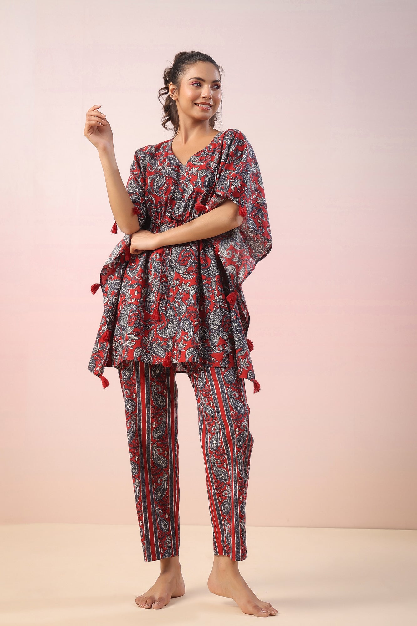 Jaal Print on Red Kaftan Cotton Co-ord Set
