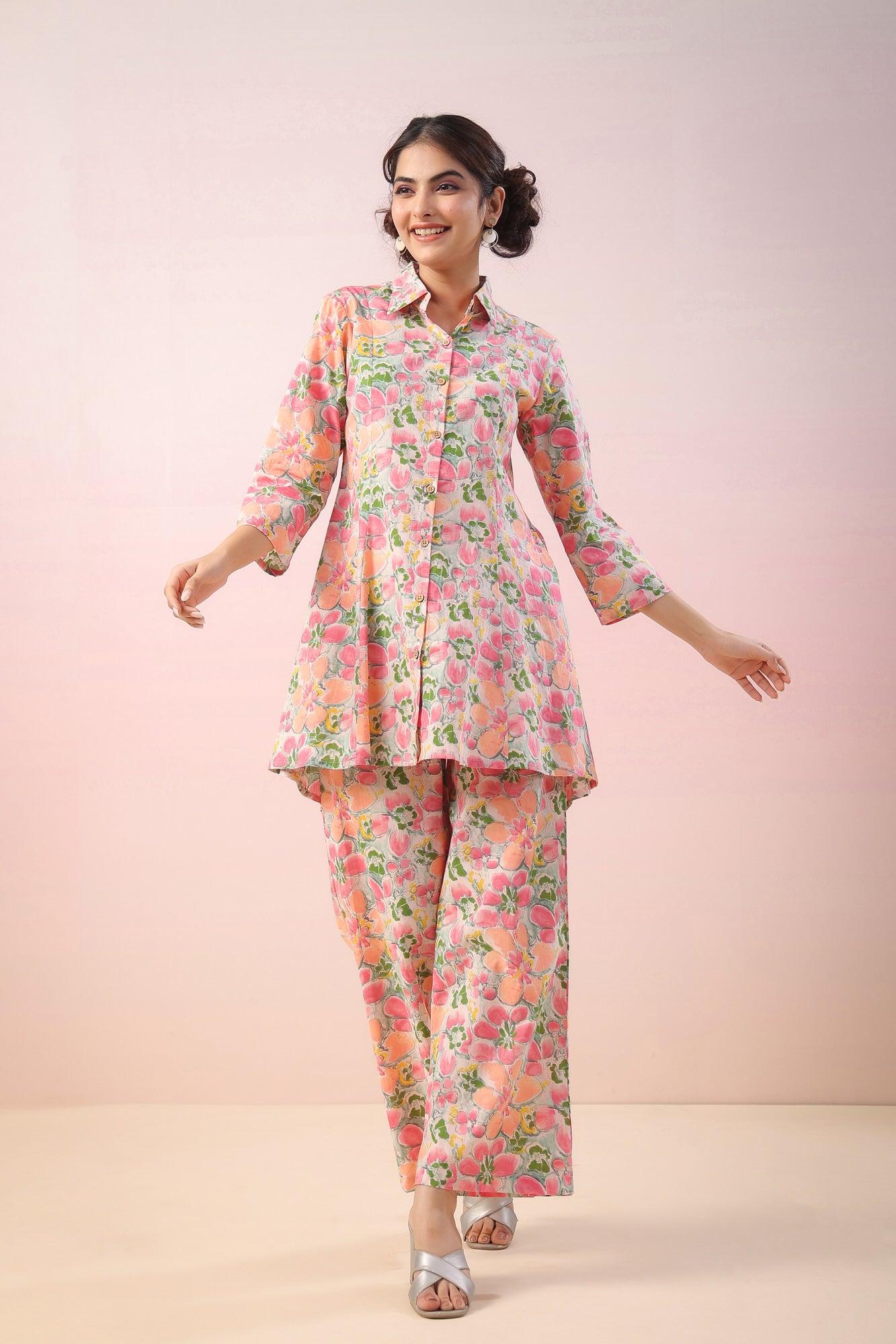 Pink Flowers On Grey Cotton Palazzo Loungewear Set