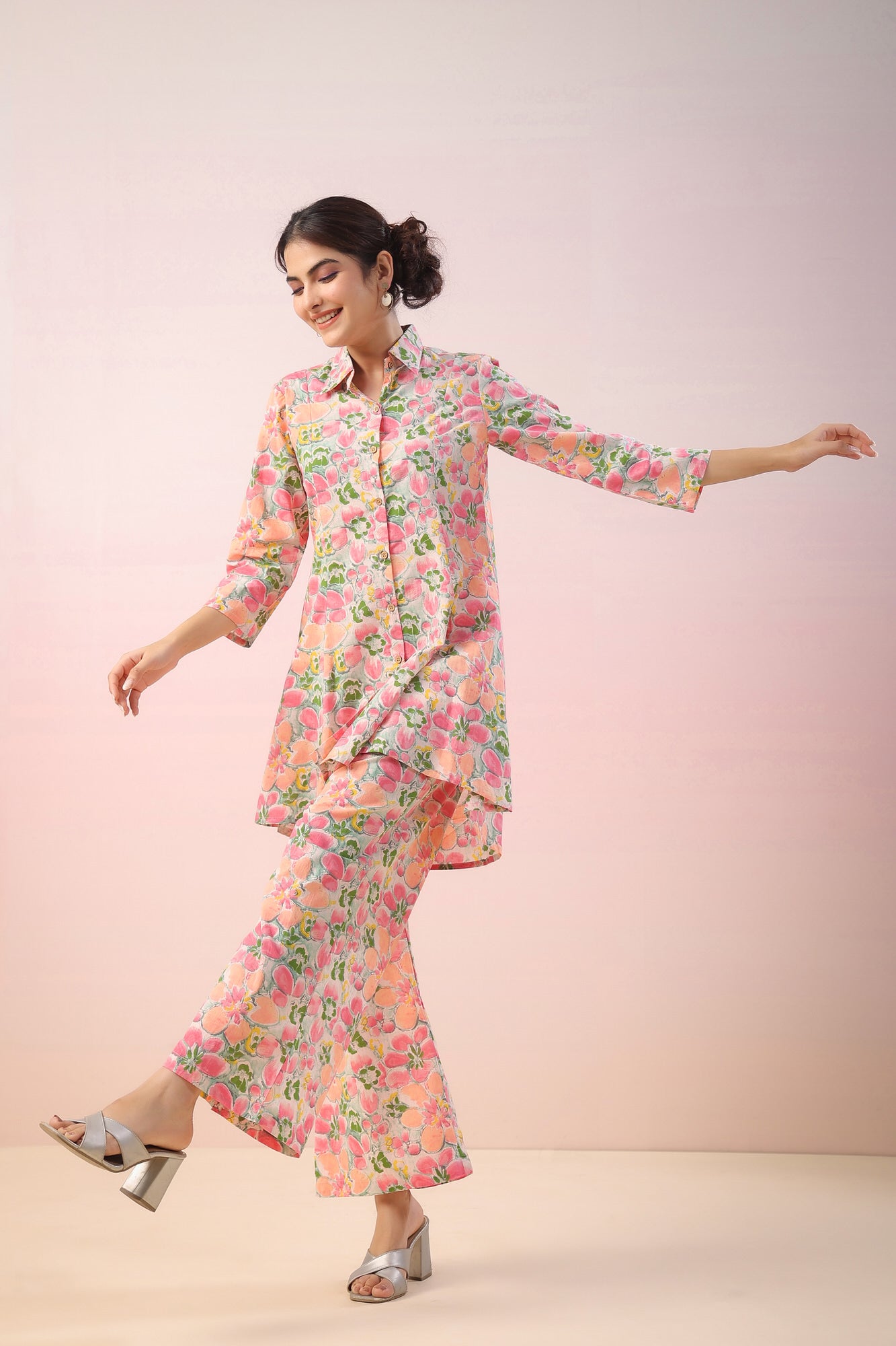 Pink Flowers On Grey Cotton Palazzo Loungewear Set