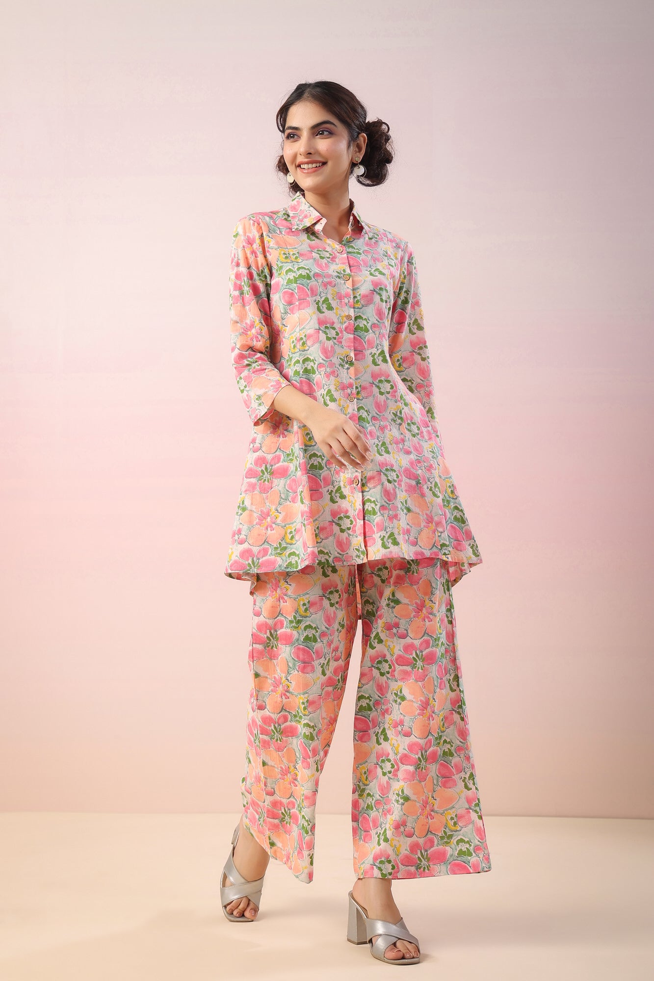 Pink Flowers On Grey Cotton Palazzo Loungewear Set